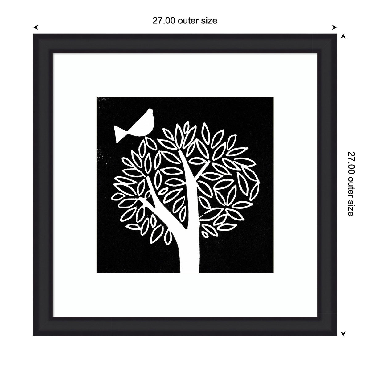 Framed Art Black and White Bird Tree Linocut by Giuliana Lazzerini