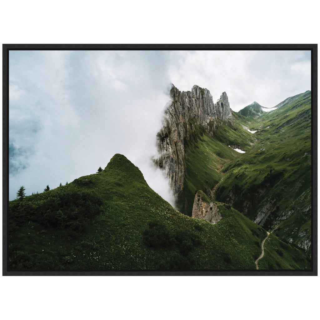 Sylvie Mountain Ridge and Green Meadow on a Cloudy Day Framed Canvas by Michael Schauer