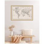 Framed Fabric Pinboard Vintage Black and White Linen World Map Wall Organization
