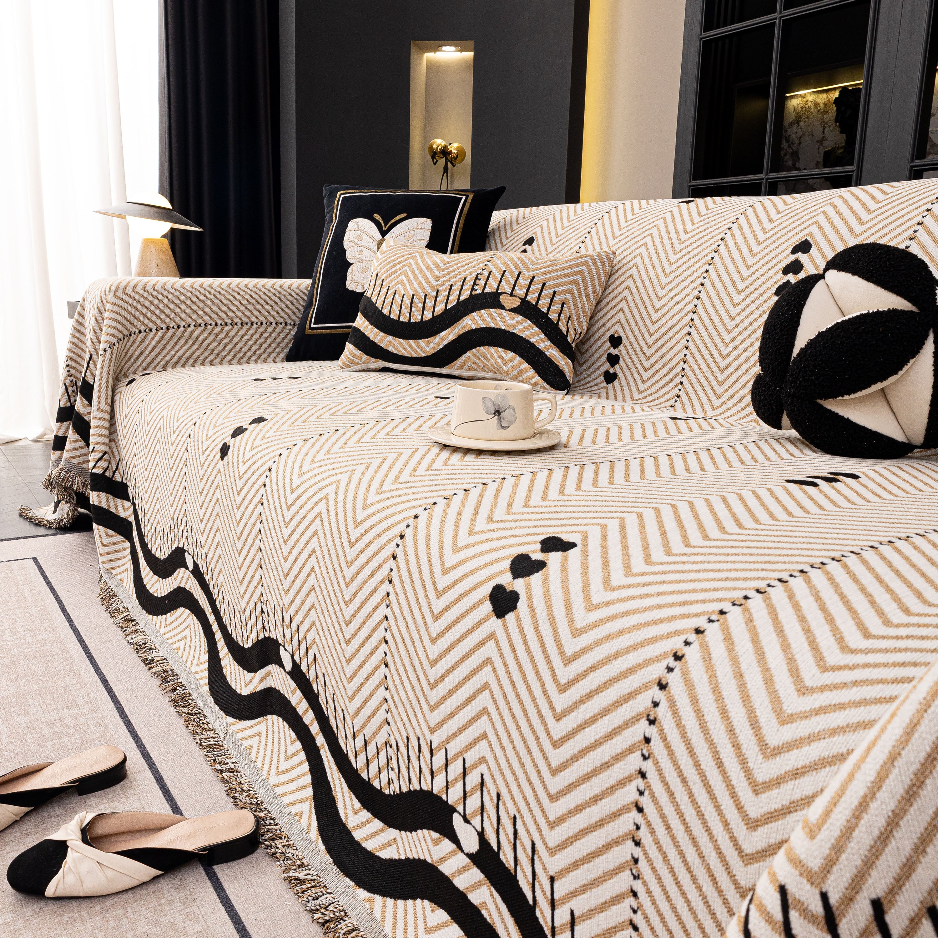 Chenille Sofa Throw Cover, Textured Chevron Decorative Couch Blanket for Living Room