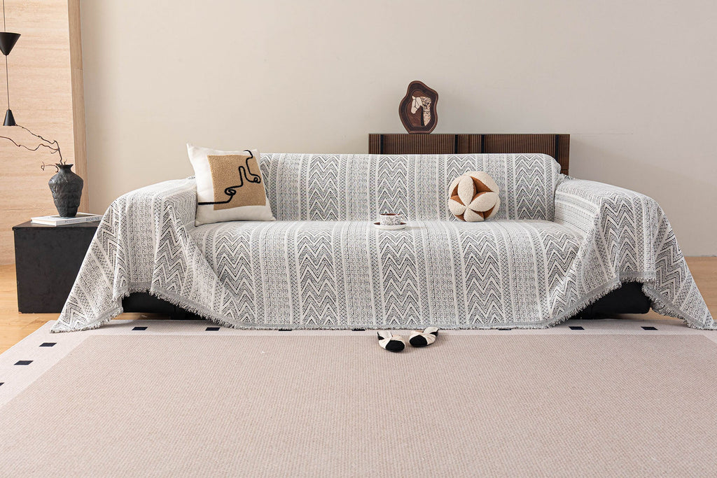 Decorative Slipcover for Pets, Kids, Boho Woven Couch Cover Throw Blanket with Tassel