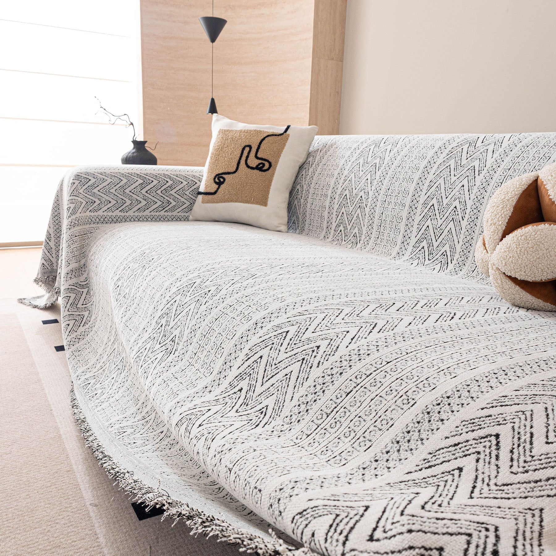 Decorative Slipcover for Pets, Kids, Boho Woven Couch Cover Throw Blanket with Tassel
