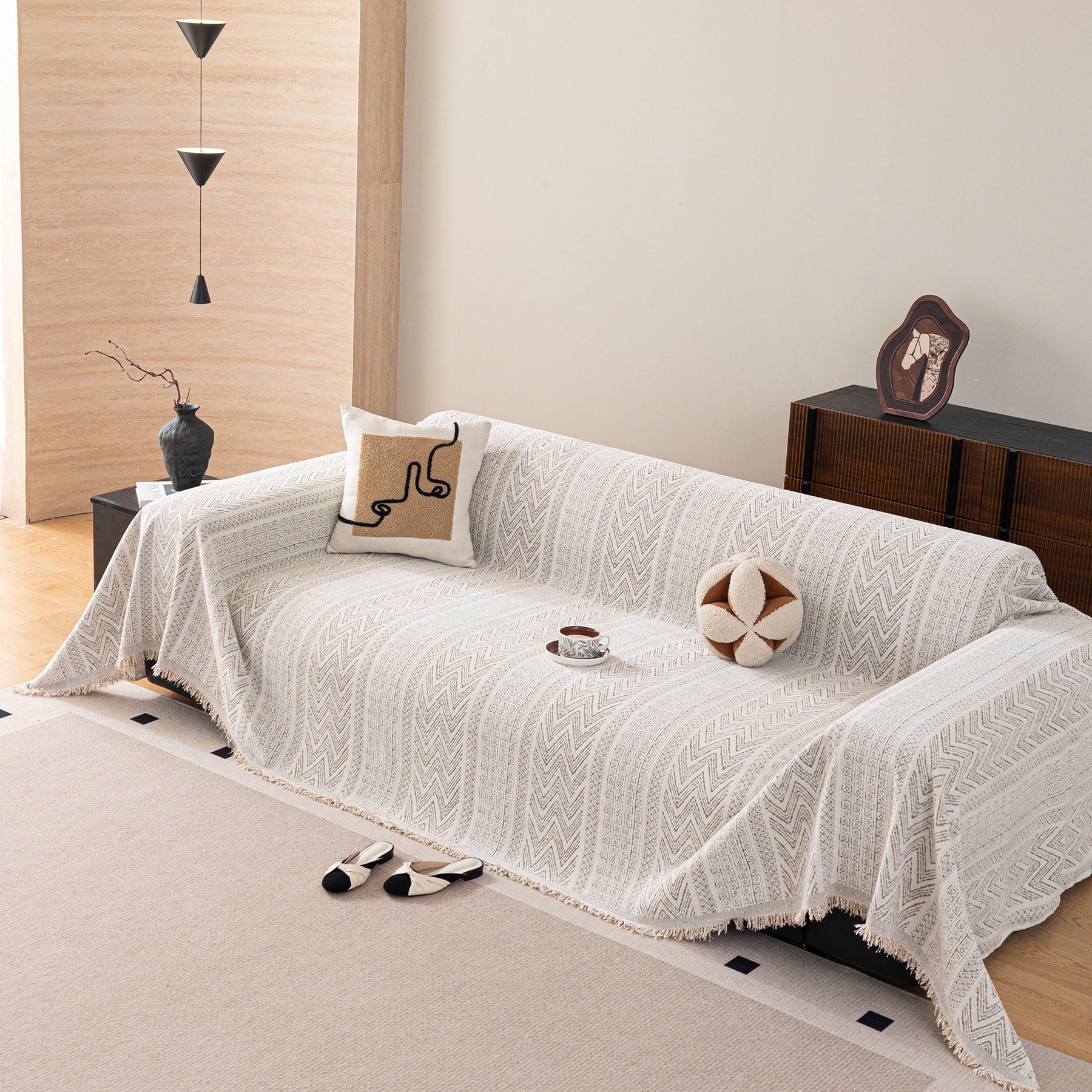 Decorative Slipcover for Pets, Kids, Boho Woven Couch Cover Throw Blanket with Tassel