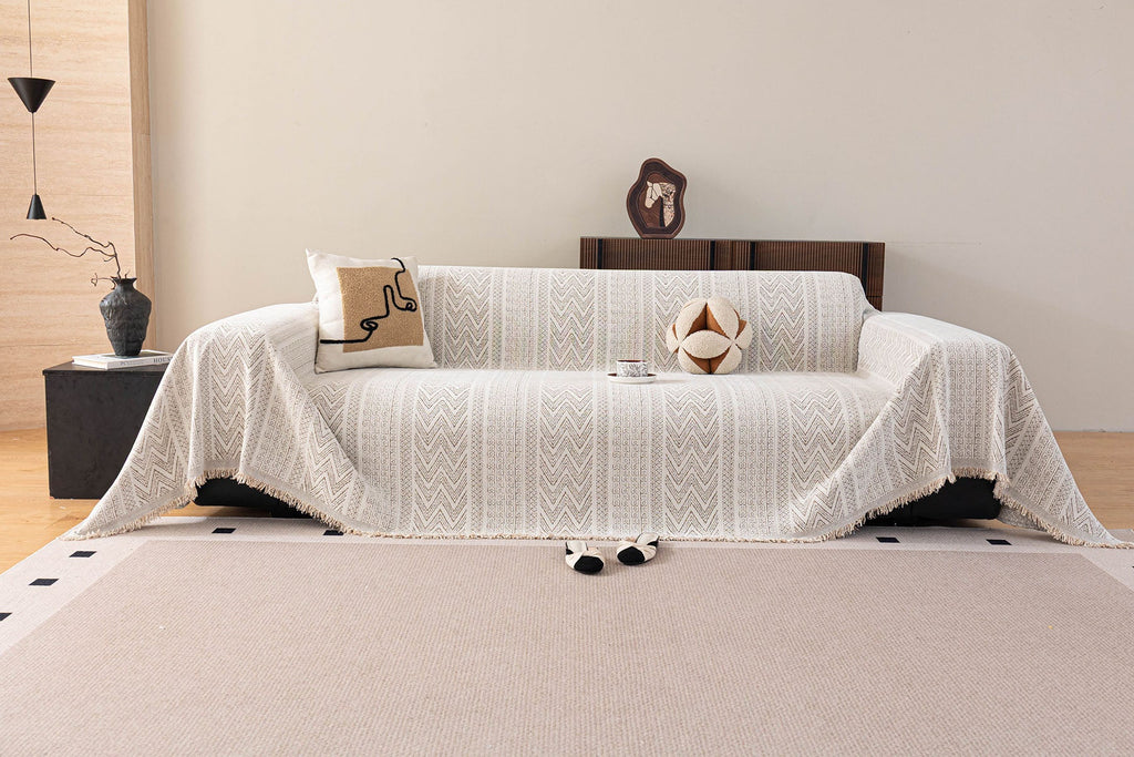 Decorative Slipcover for Pets, Kids, Boho Woven Couch Cover Throw Blanket with Tassel