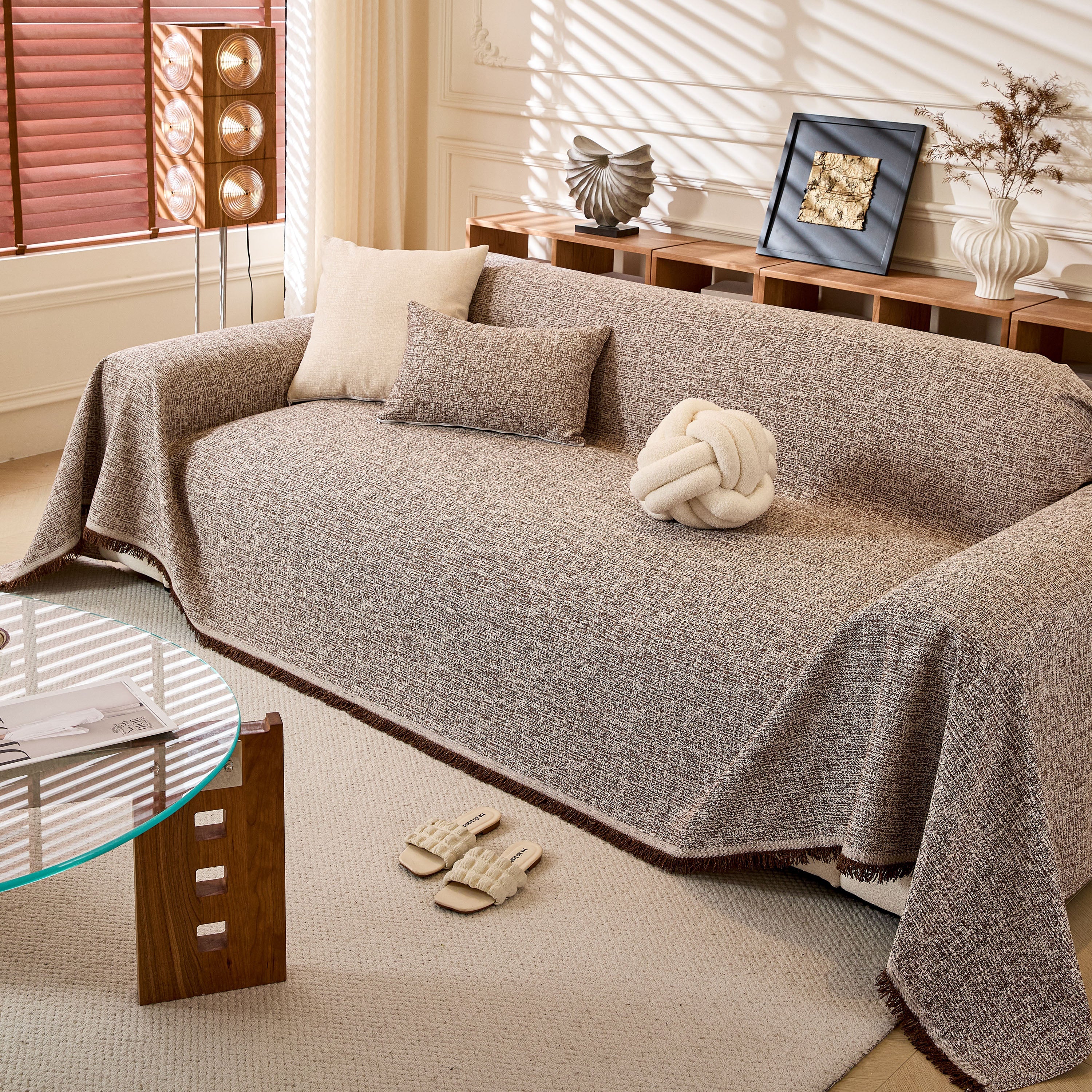 Linen-Look Textured Couch Throw Cover, Breathable Sofa Blanket & Furniture Protector