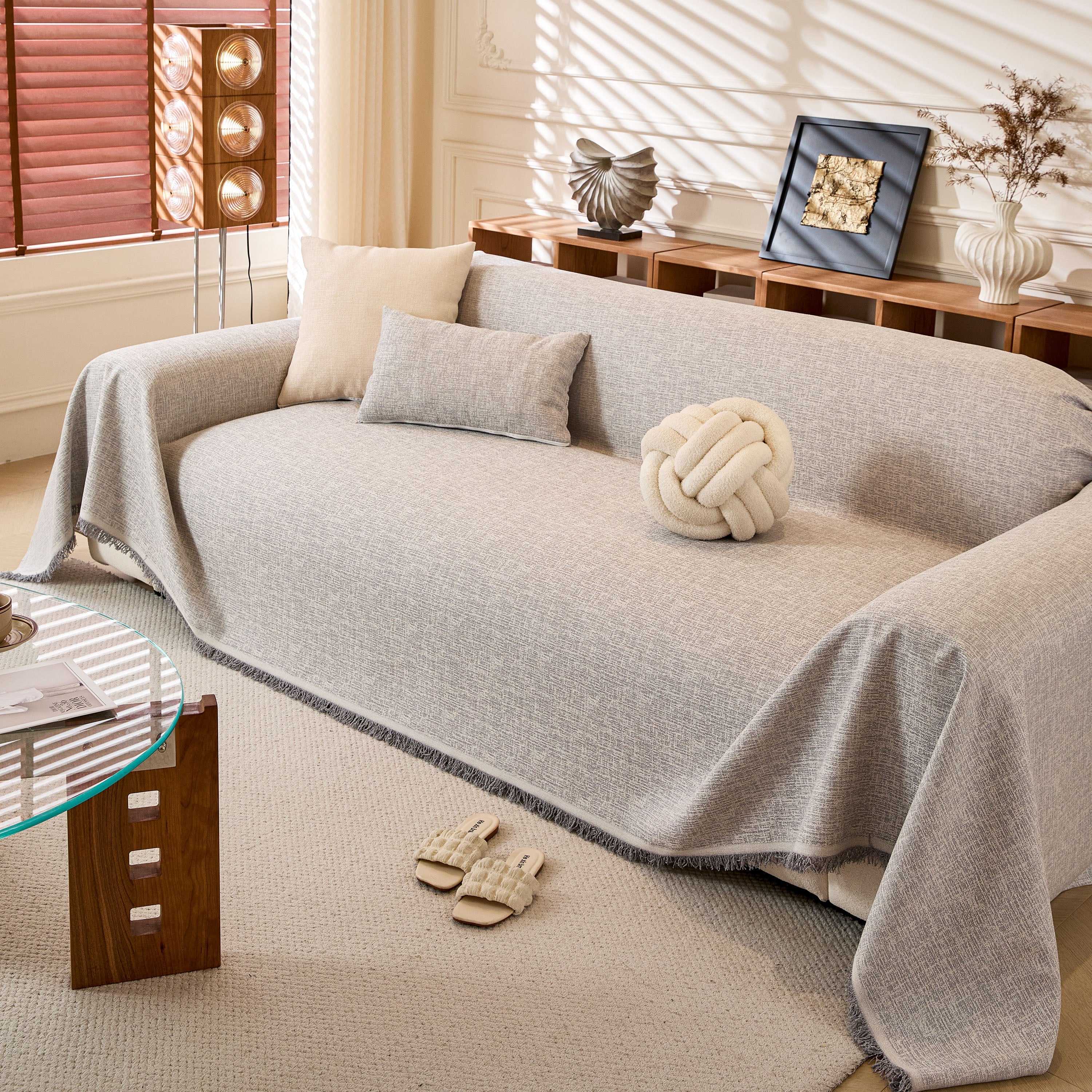 Linen-Look Textured Couch Throw Cover, Breathable Sofa Blanket & Furniture Protector