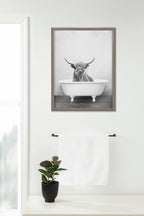 Blake Highland Cow in the Tub BW Framed Printed Glass by Amy Peterson Art Studio