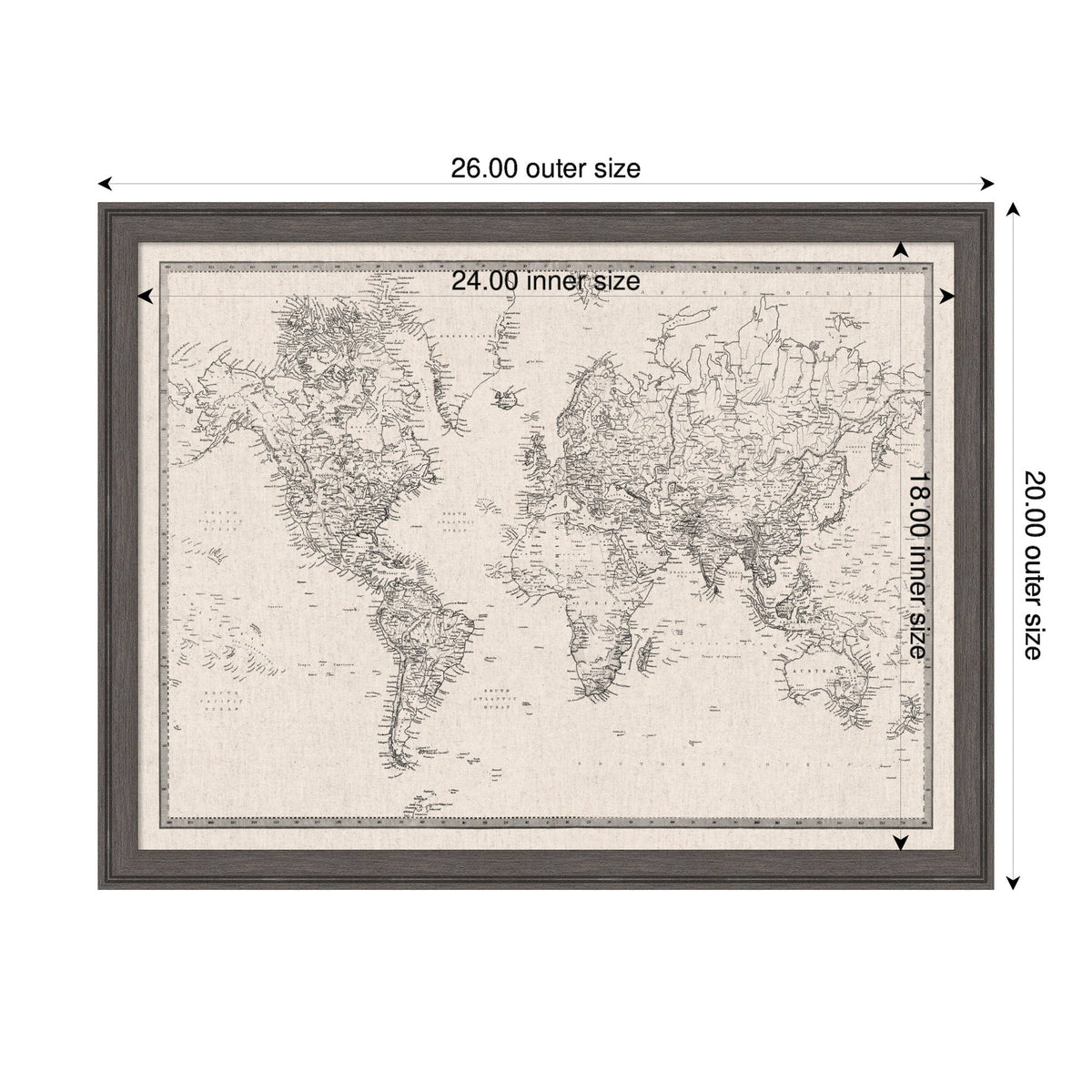 Framed Fabric Pinboard Vintage Black and White Linen World Map Wall Organization