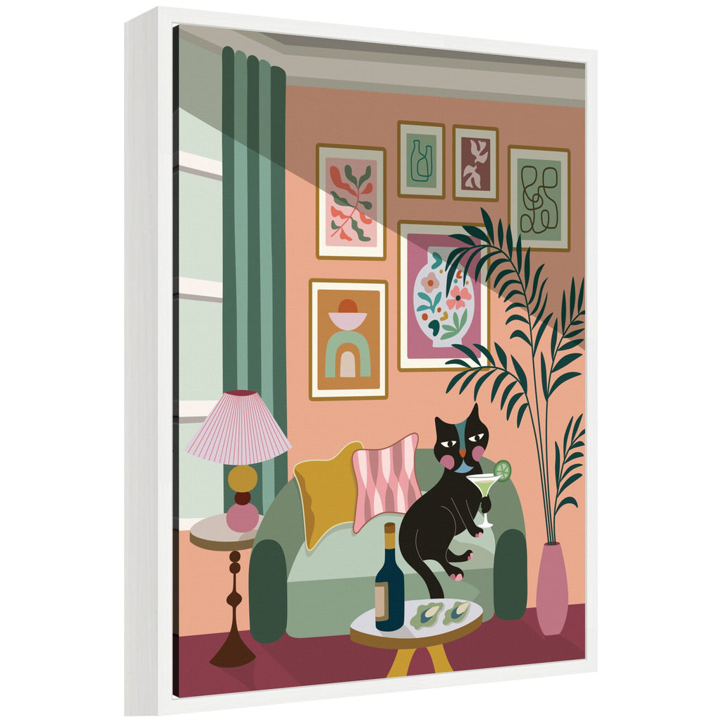 Cocktail Cat by Rachel Lee 3 Birdies Studio Framed Canvas Wall Art Print