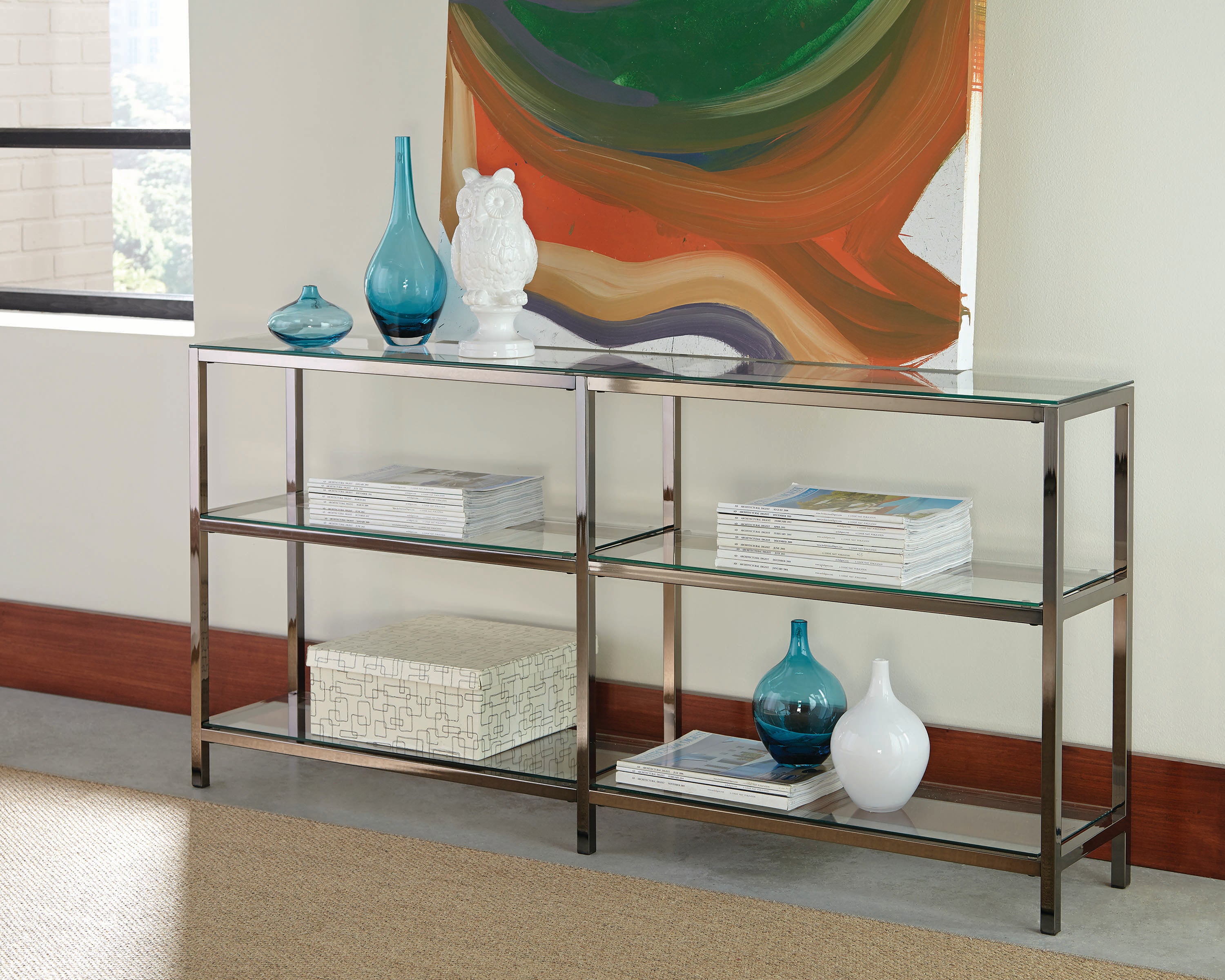Coaster Furniture Book Case Coaster Contemporary Black Nickel Finished Two Tier Metal Bookcase/Console with Glass Shelves 801018