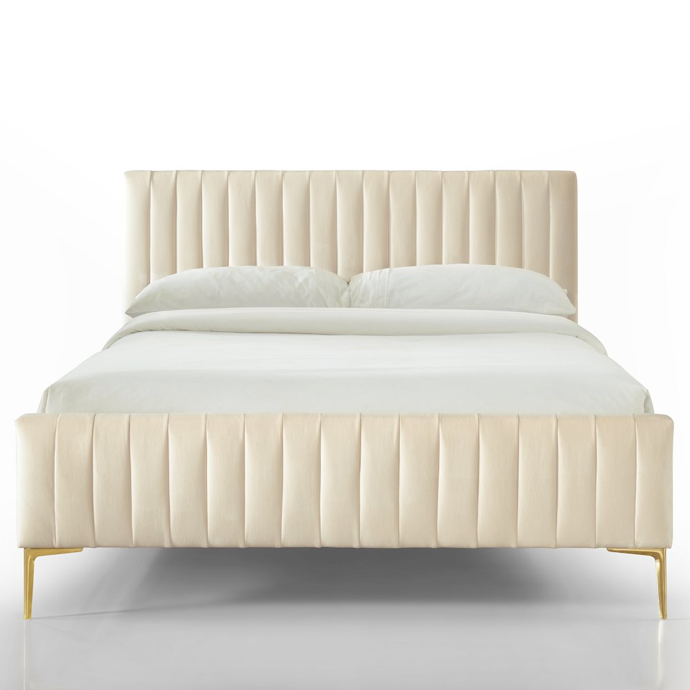 Julia Wood and Fabric Upholstered Queen Platform Bed in Ivory