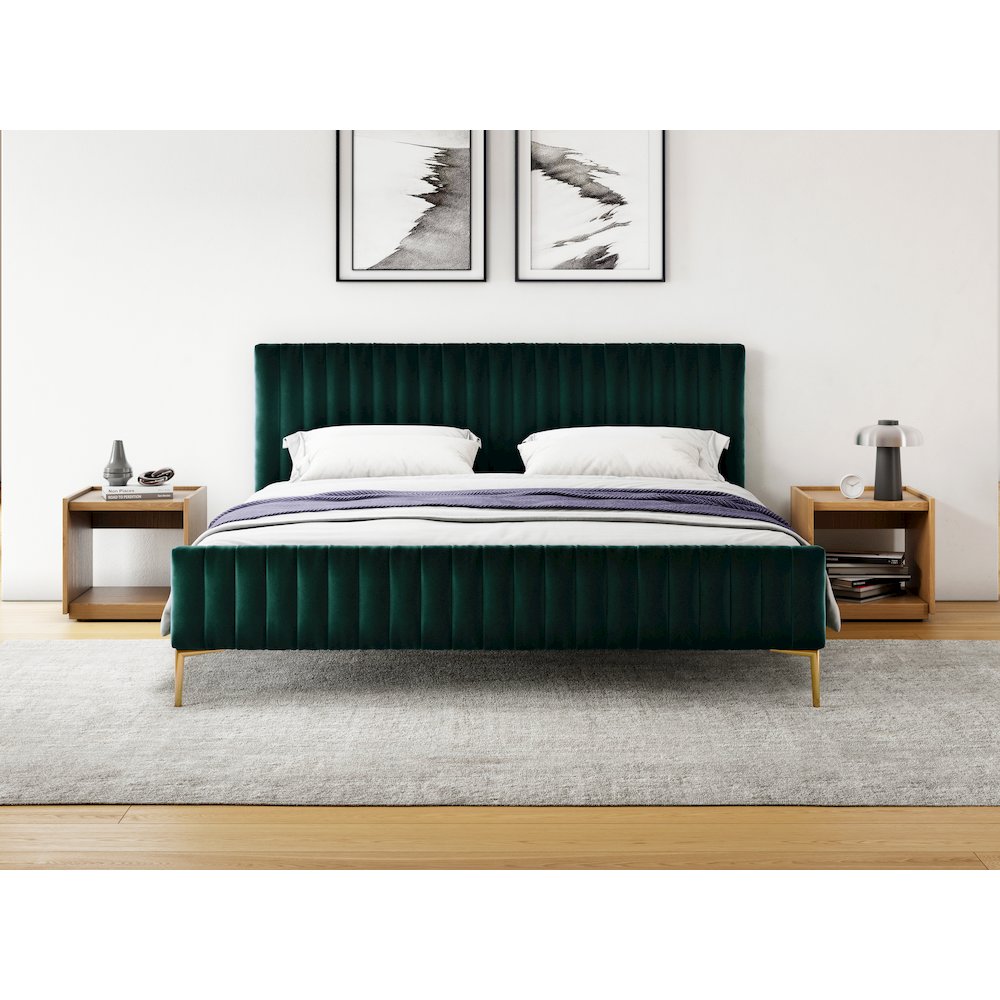 Julia Upholstered Fabric King Platform Bed in Green Velvet