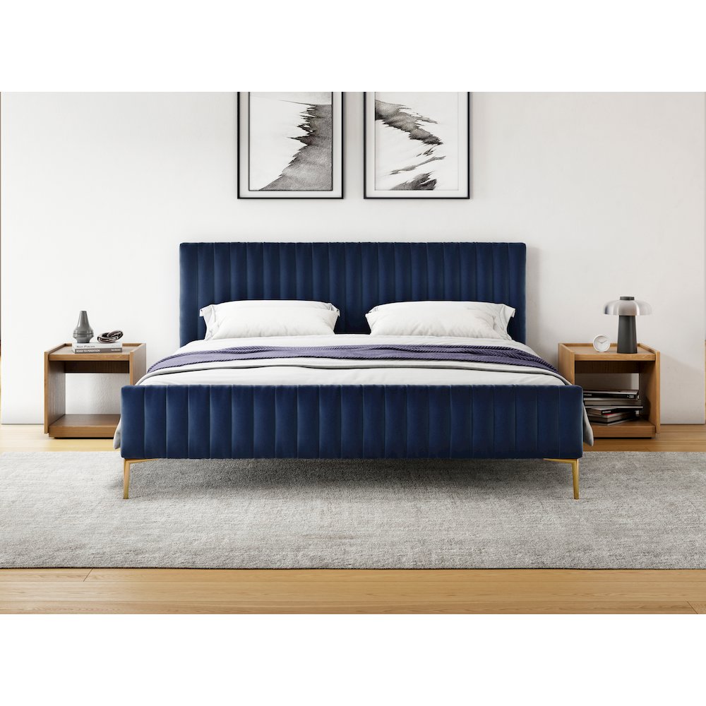 Julia Upholstered Fabric King Platform Bed in Blue Velvet