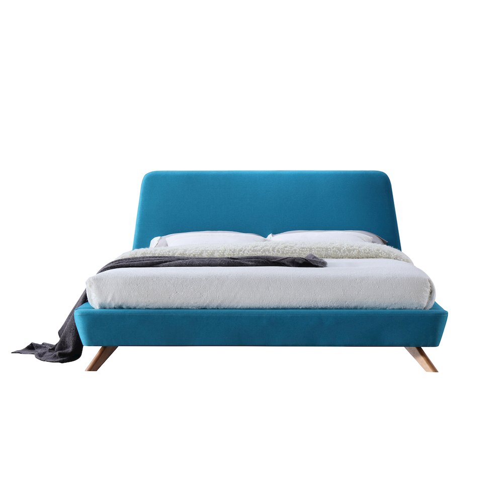 Henry Wood and Fabric Upholstered King Platform Bed in Blue