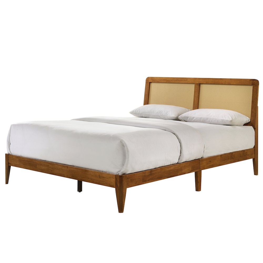 Liam Wooden Queen size Platform Bed with Rattan Headboard