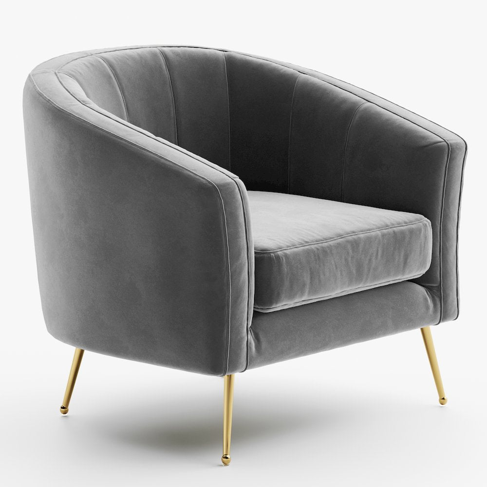 Sven Barrel Steel/Velvet Accent Chair with Gold Legs in Gray