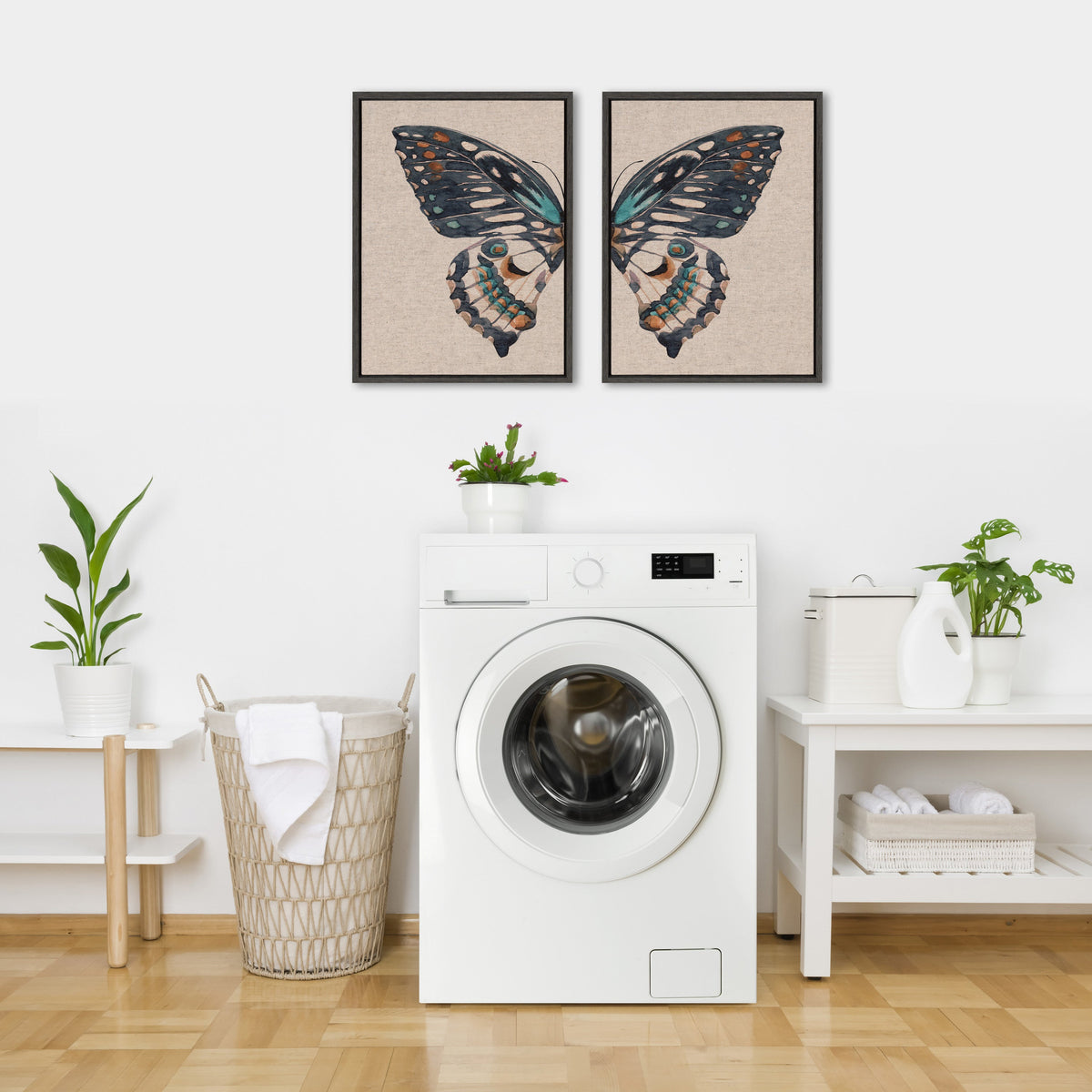 Sylvie Boho Butterfly Watercolor Diptych Neutral Linen Framed Canvas Art Set by The Creative Bunch Studio