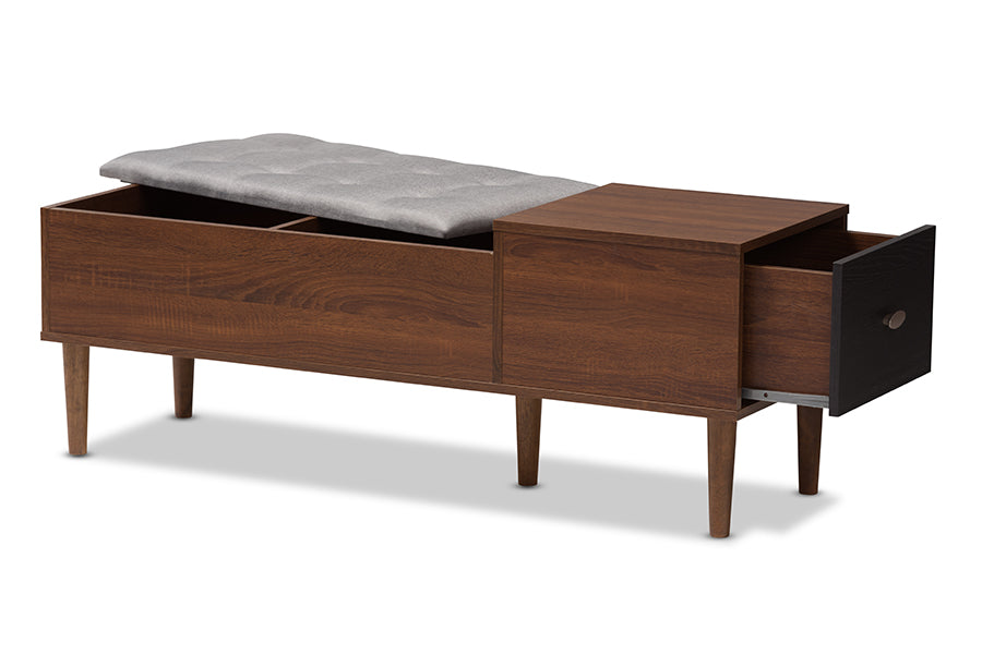 Baxton Studio Merrick Bench Shoe Rack Cabinet Brown//Medium Wood/Mid-Century/Fabric Polyester 100%'/Engineered Wood/Faux Wood Veneer/Powder Coated Vinyl (Legs)/Foam