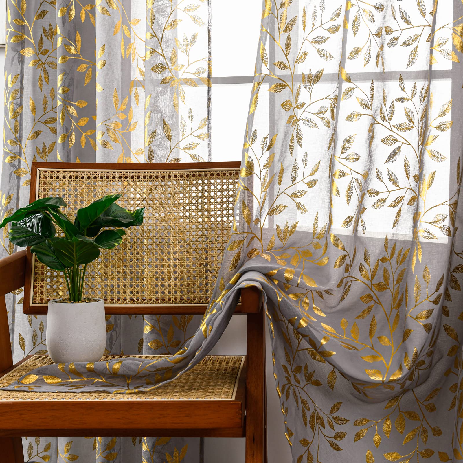 Sutuo Home Sheer Curtains 63 Inch Length 2 Panels, Luxury Gold Foil Print Metallic Bronzing Vine Leaves, Privacy Window Treatmen