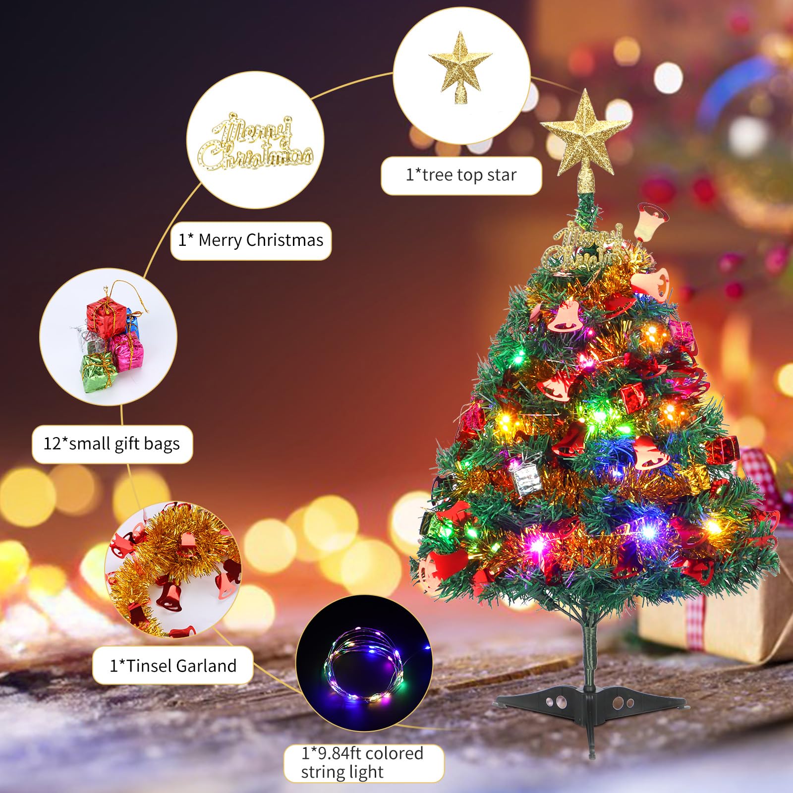 Mini Xmas Tree, 24''/60Cm Artificial Small Tabletop Christmas Pine Tree With Ornaments For Holiday Home Office Decoration