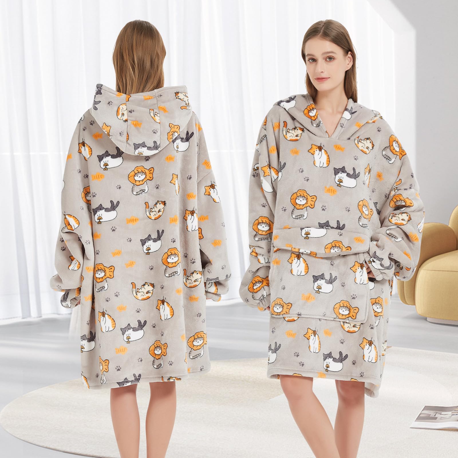 Fiosnow Cat Blanket Hoodies For Women And Men Adult Oversize Wearable Blanket Hoodies For Soft And Warm