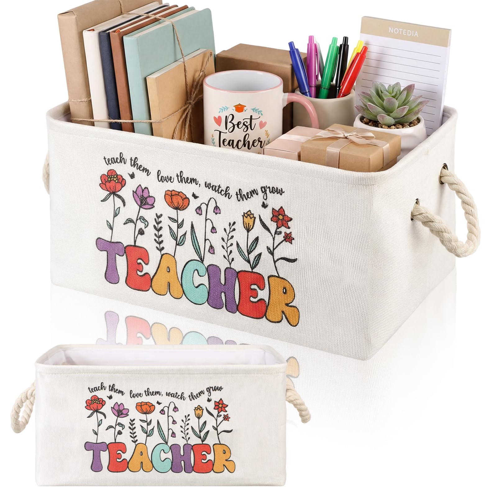 Marsui Teacher Basket Teacher Appreciation Gifts Book Storage Basket Large Foldable Linen Reading Accessories Back to School Tea