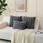Futei Grey Decorative Throw Pillow Covers 12X20 Inch Set Of 2, Square Soft Faux Rabbit Fur Big Striped Cushion Cover,Home Decor