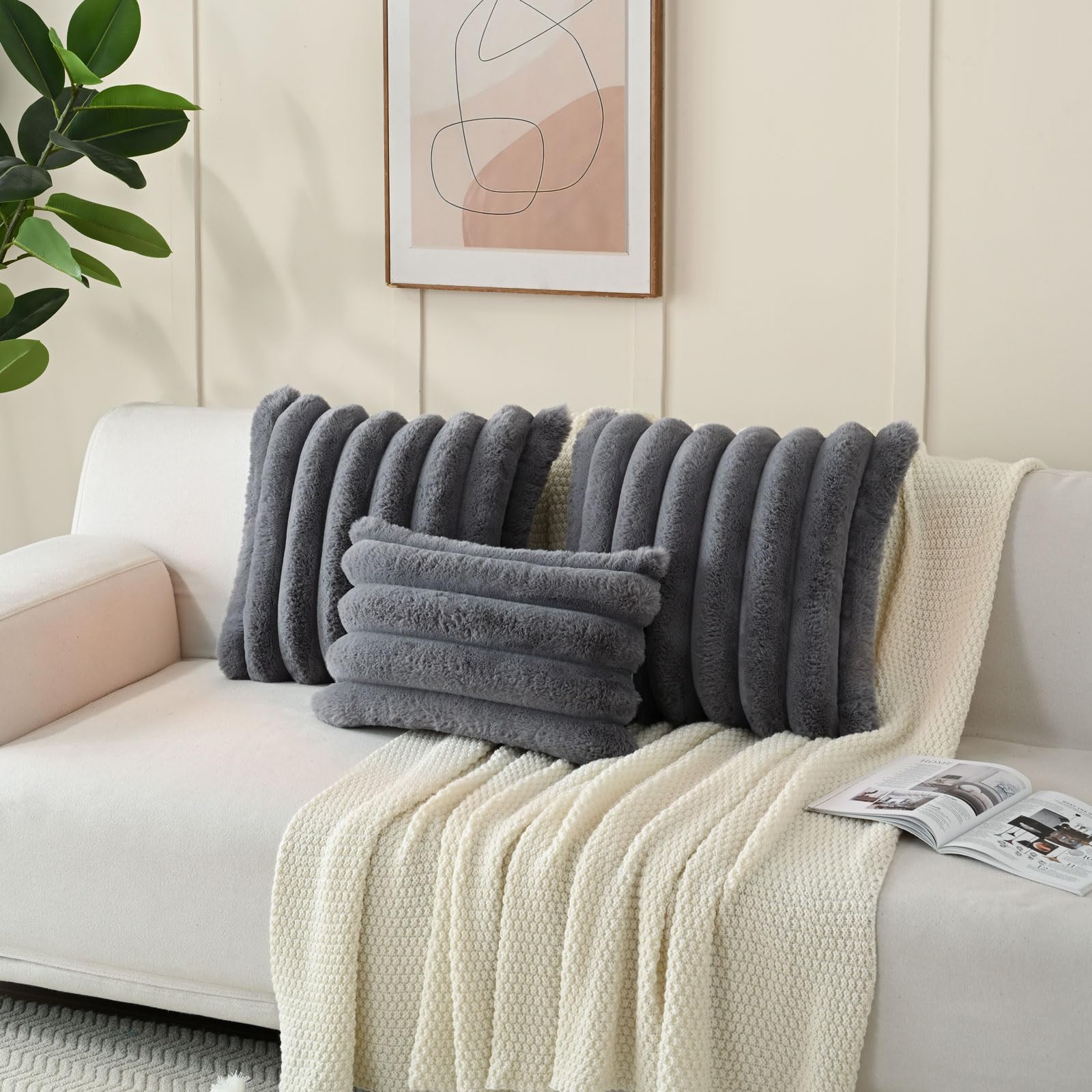 Futei Grey Decorative Throw Pillow Covers 12X20 Inch Set Of 2, Square Soft Faux Rabbit Fur Big Striped Cushion Cover,Home Decor