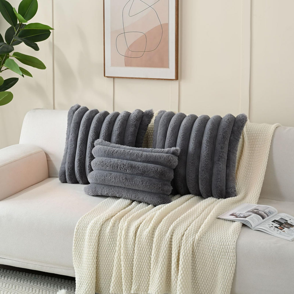 Futei Grey Decorative Throw Pillow Covers 24X24 Inch Set Of 2, Square Soft Faux Rabbit Fur Big Striped Pillow Sham,Home Decor Fo