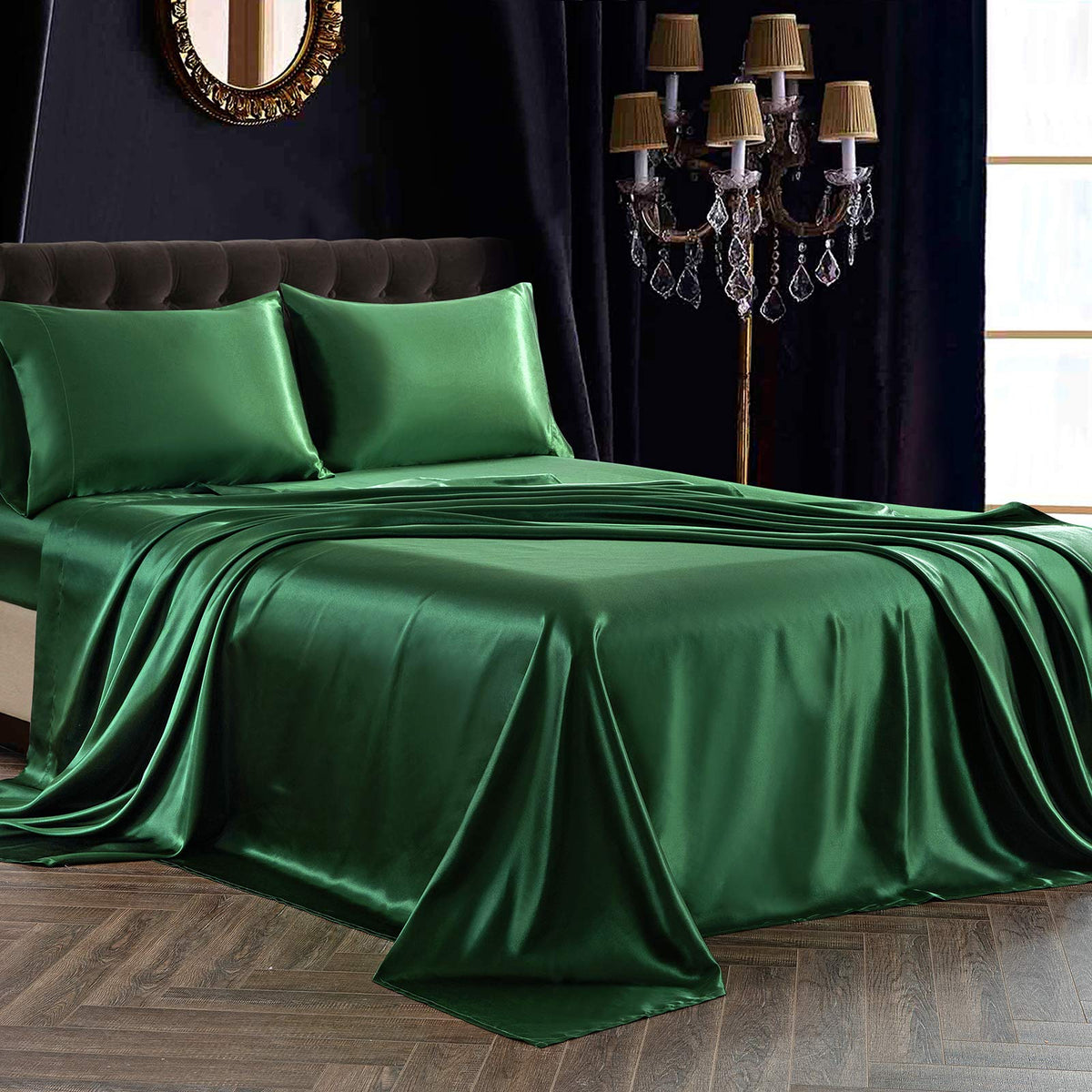 Siinvdabzx 4Pcs Satin Sheet Set Full Size Ultra Silky Soft Emerald Green Satin Full Bed Sheets With Deep Pocket, 1 Fitted Sheet,