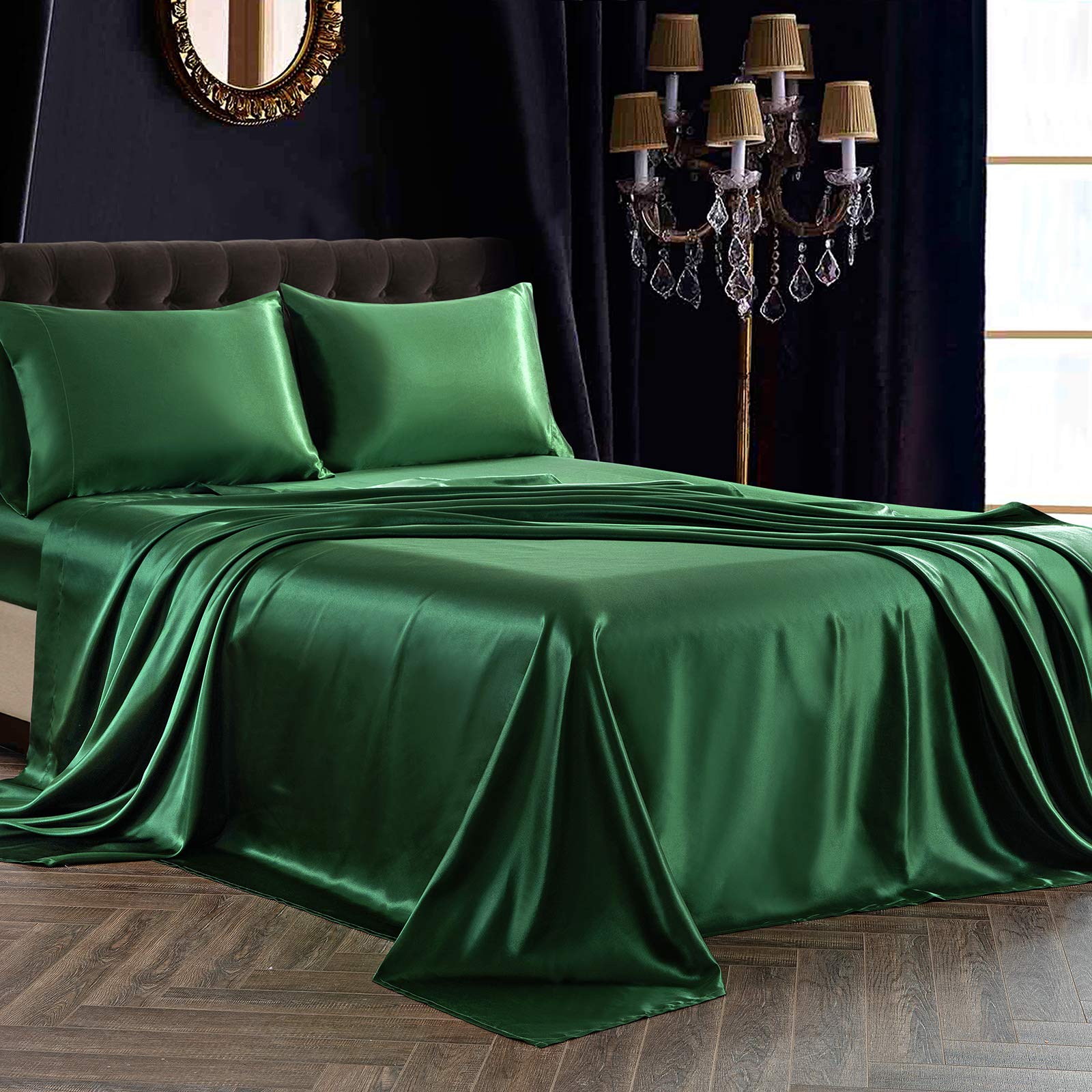 Siinvdabzx 4Pcs Satin Sheet Set Full Size Ultra Silky Soft Emerald Green Satin Full Bed Sheets With Deep Pocket, 1 Fitted Sheet,