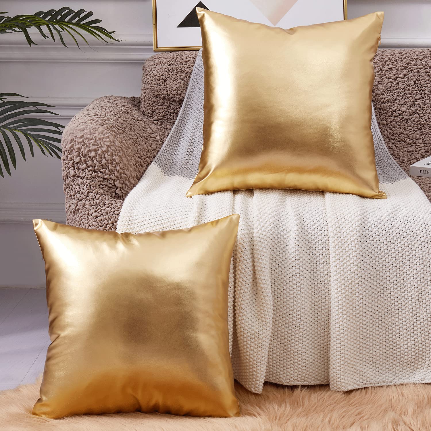 Eucior Pack Of 2,Gold Pillow Covers 18X18,Decorative Throw Pillow Covers Modern Metallic Shiny Cushion Cover,Gold Throw Pillows