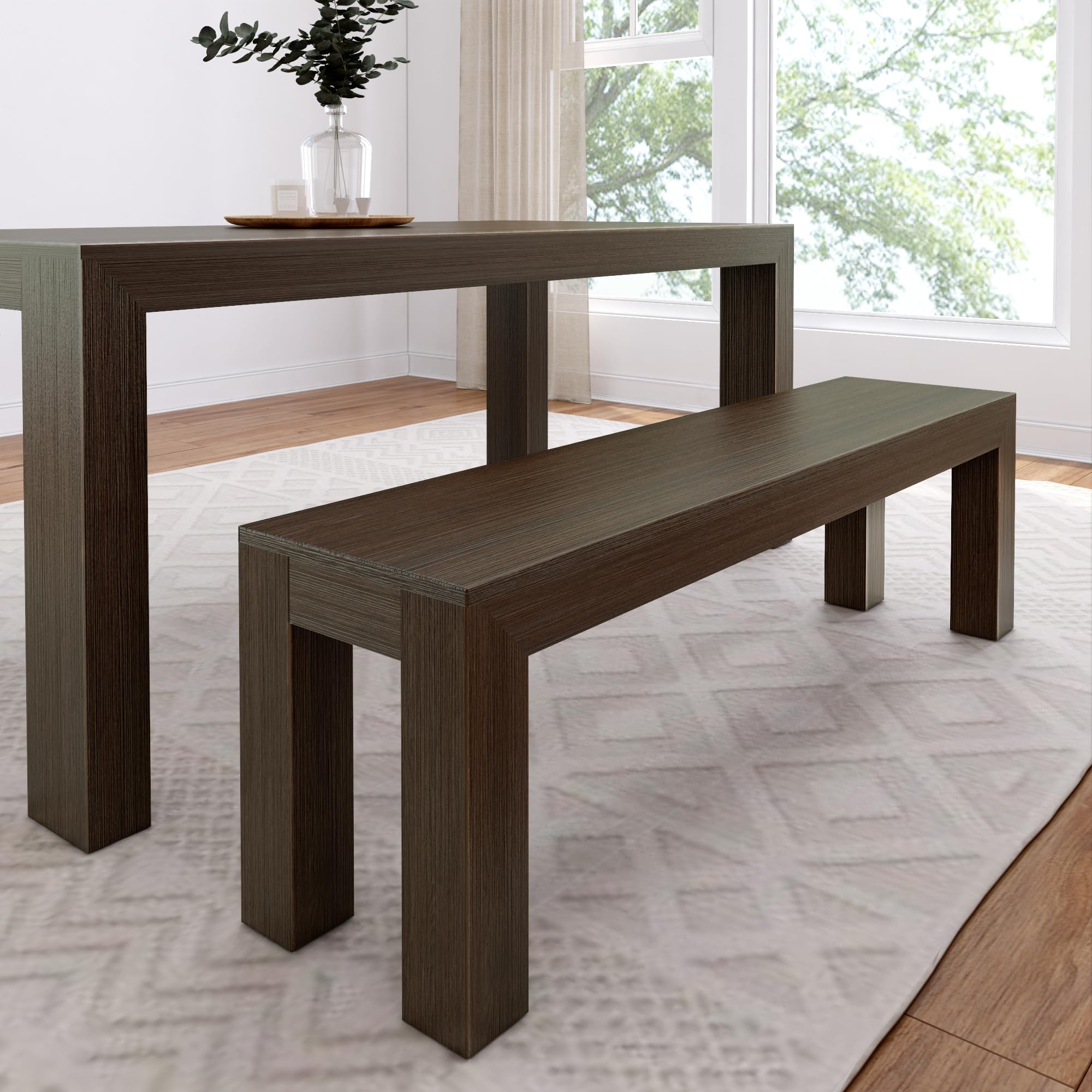 Plank+Beam 60 Inch Dining Bench For Dining Room, Table, And Entryway - Solid Wood, Walnut Wirebrush Finish