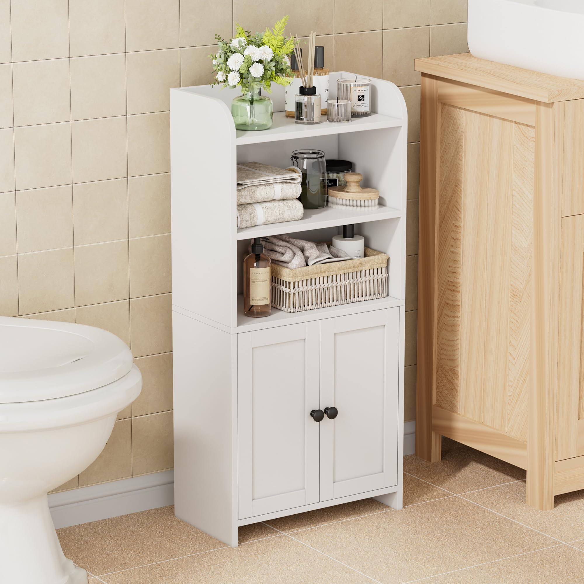 Homhedy Small Bathroom Storage Cabinet, Freestanding Toilet Paper Storage with 2 Doors and Shelves, Bathroom Organizers and Stor