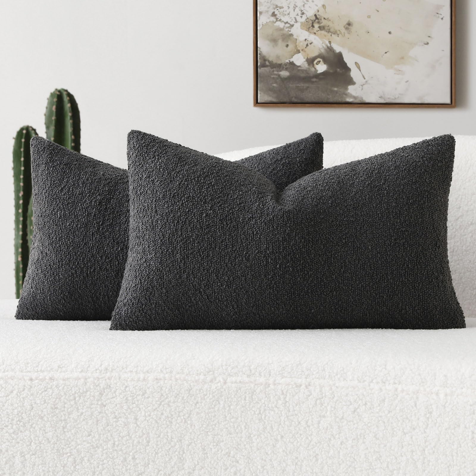 Futei Pack Of 2 Dark Grey Boucle Accent Decorative Throw Pillow Covers,18X18 Inch Soft Solid Textured Cushion Case,Home Decor Fo