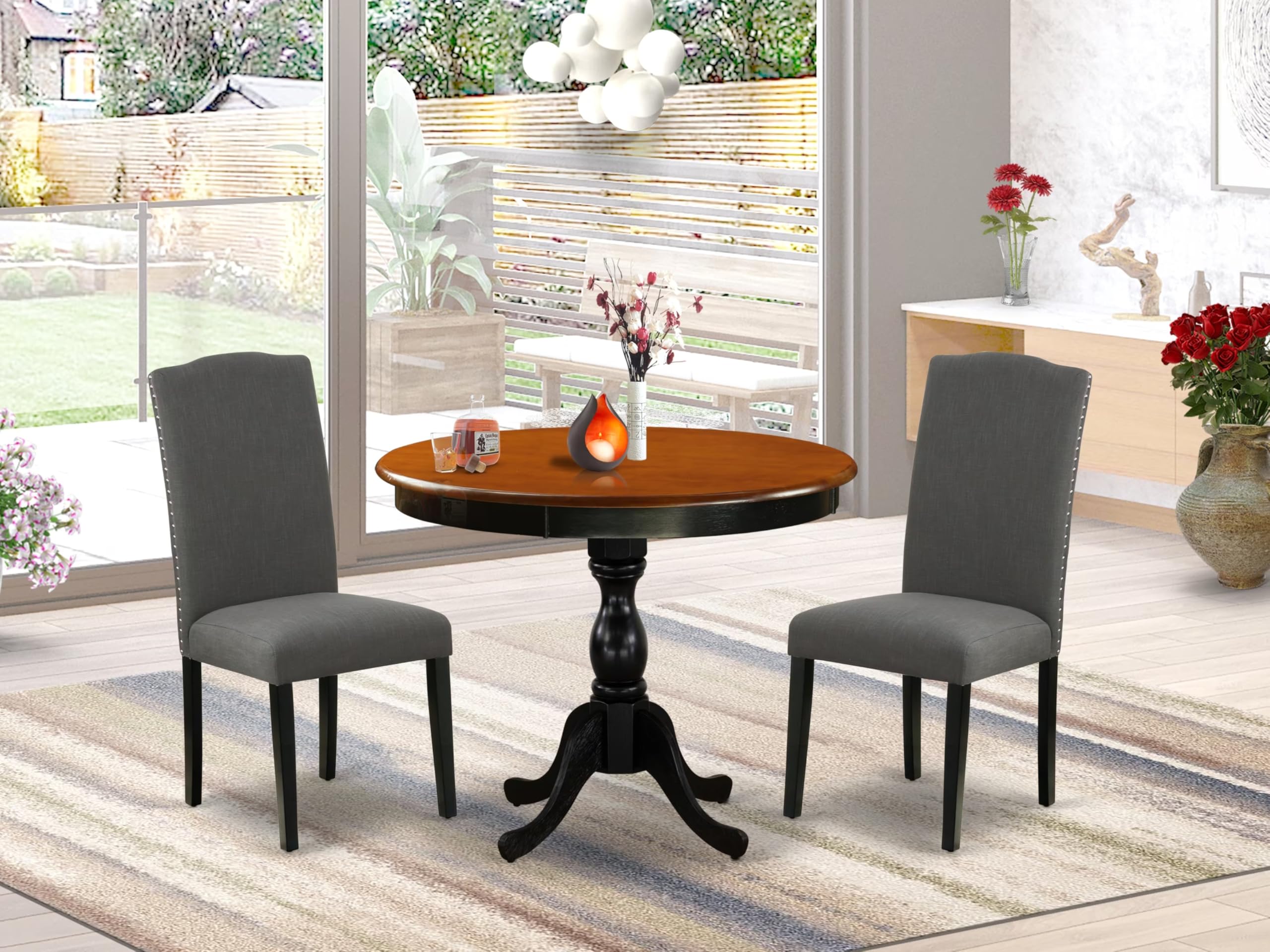 East West Furniture Amen3-Bch-20 3 Piece Dining Table Set Contains A Round Dining Room Table With Pedestal And 2 Dark Gotham Linen Fabric Upholstered Chairs, 36X36 Inch, Black & Cherry