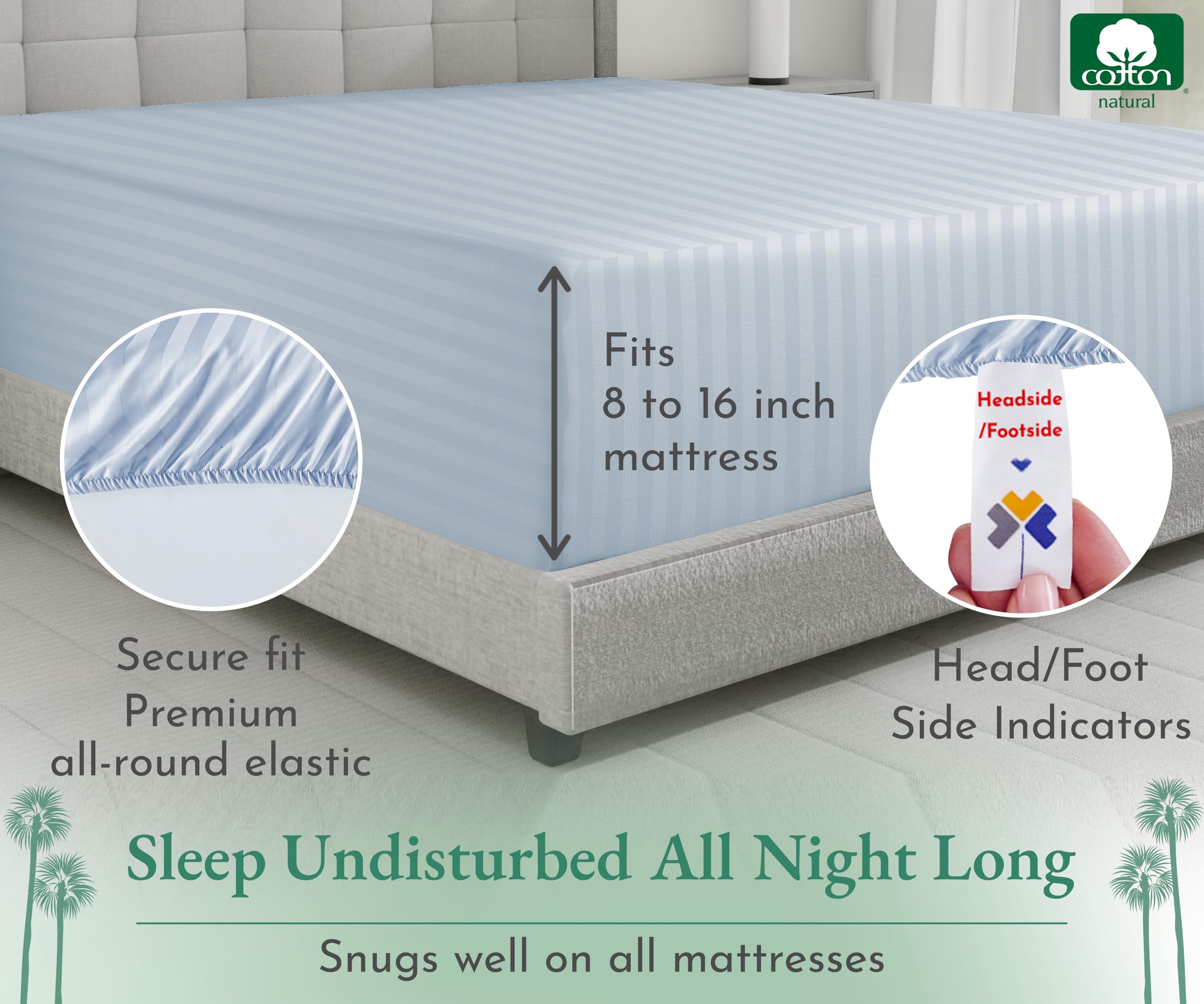 California Design Den Luxury Cotton Sateen Damask Stripe Fitted Queen Sheet Only - Soft 100% Cotton Sateen, Deep Pocket Bottom Fitted Sheet, Hotel Quality With A Foot Side Indicator - Light Blue