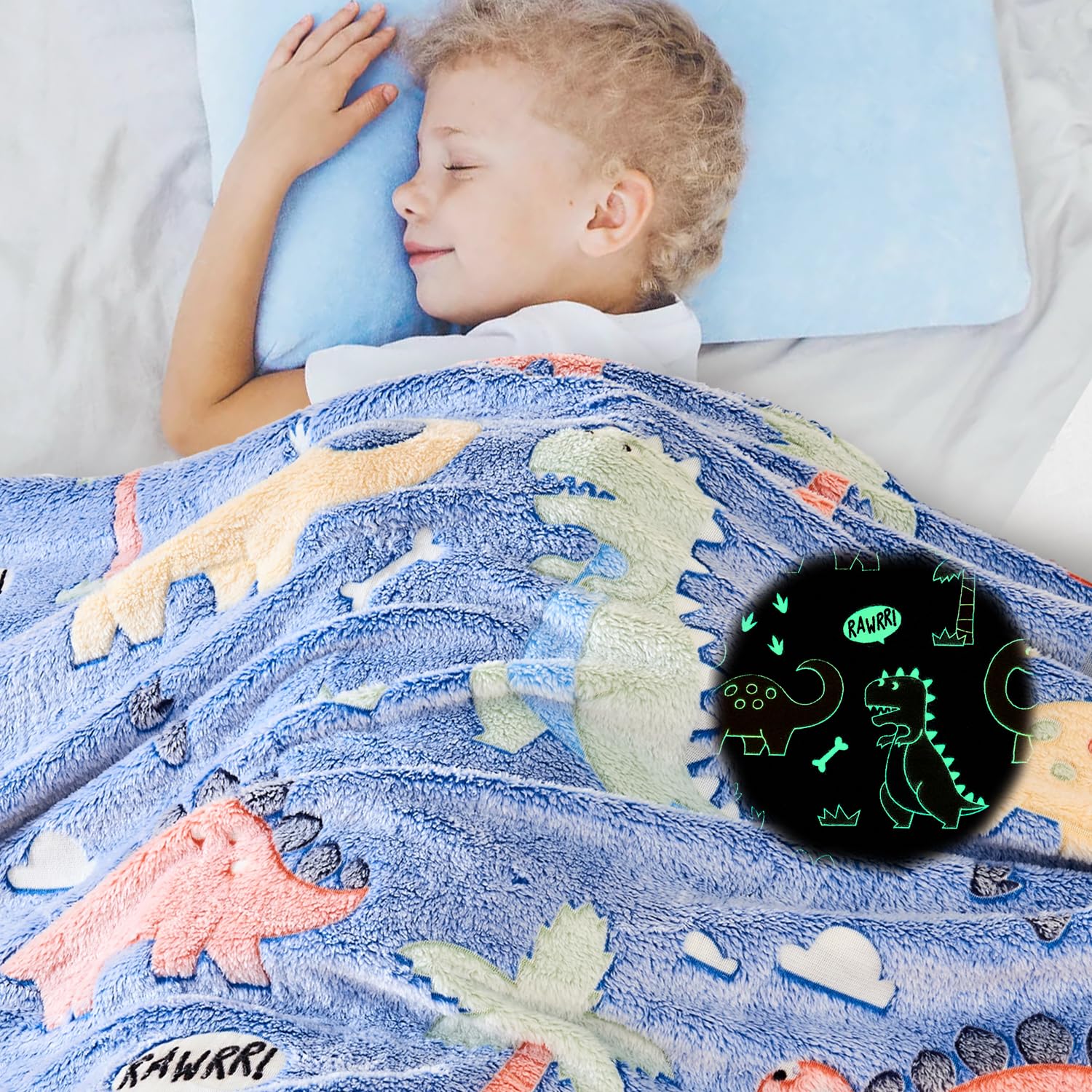 Wajade Glow In The Dark Dinosaur Blanket For Boys, Blue Dinosaur Wild Park Jungle Soft Plush Fleece Throw Blanket For Birthday G