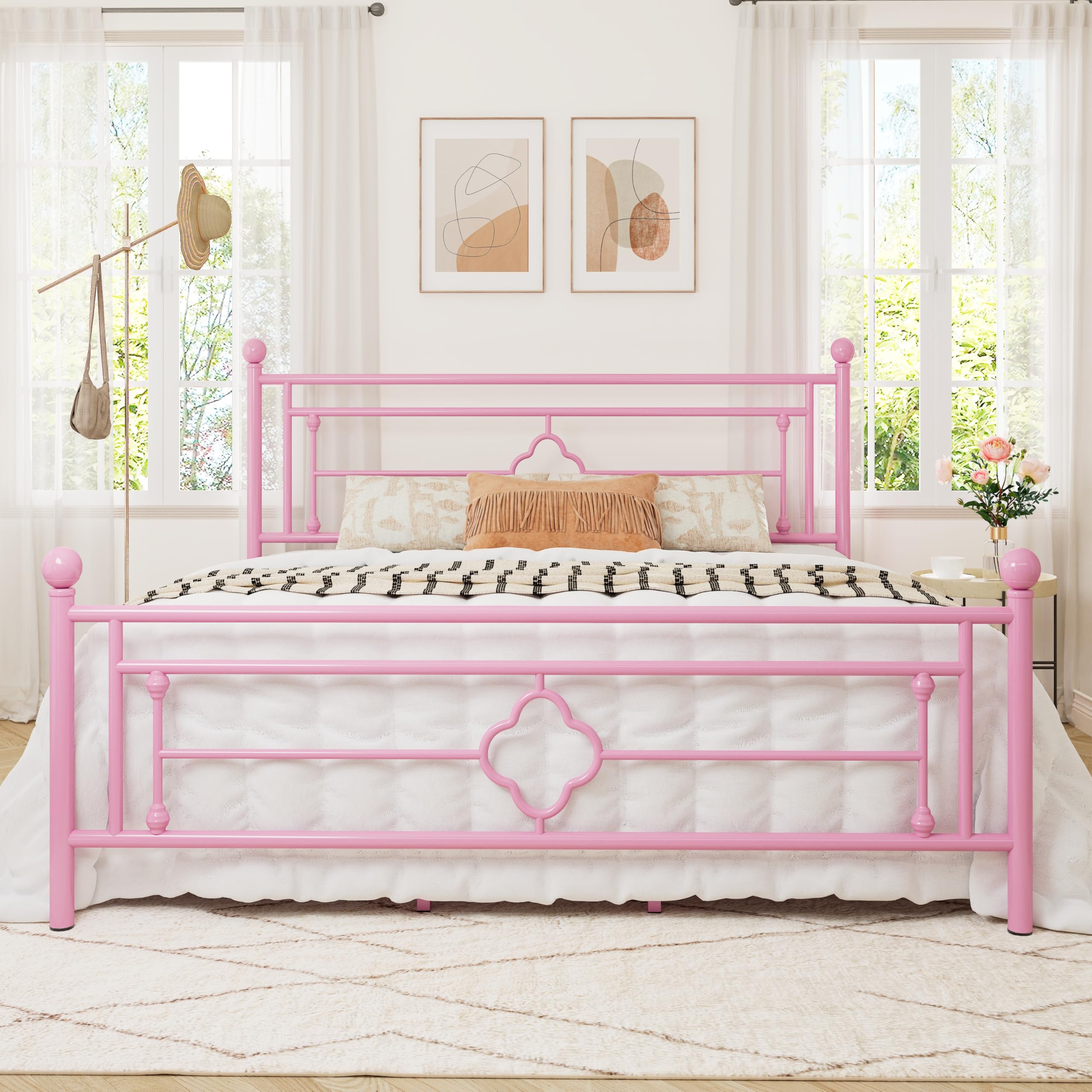 Allewie King Size Metal Platform Bed Frame With Victorian Vintage Headboard And Footboard/Mattress Foundation/Under Bed Storage/No Box Spring Needed/Noise-Free/Easy Assembly, Pink