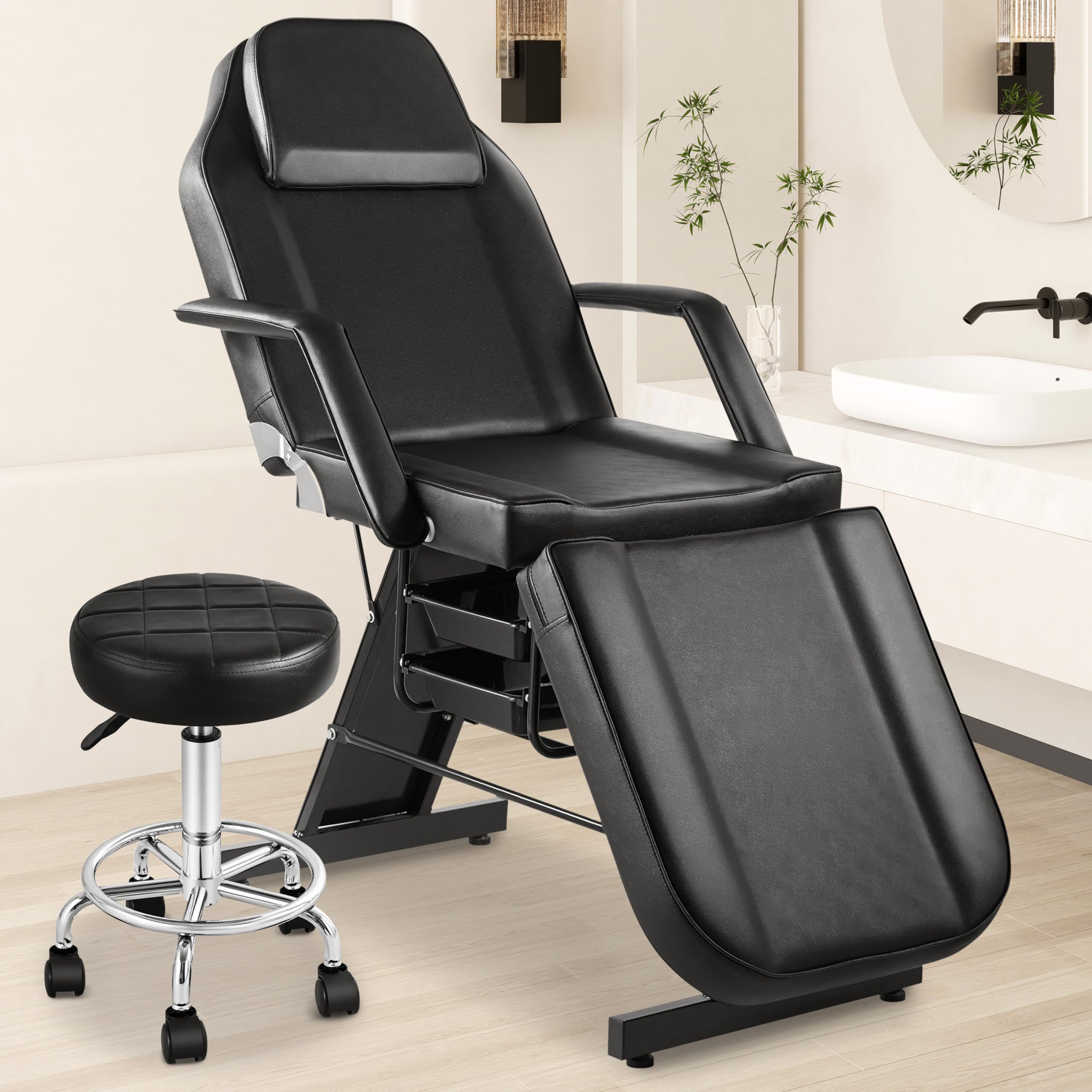 Tythical Tattoo Chair for Client, Facial Lash Bed for Artist with Stool & Removable Armrest, Multifunctional Esthetician Bed Tab