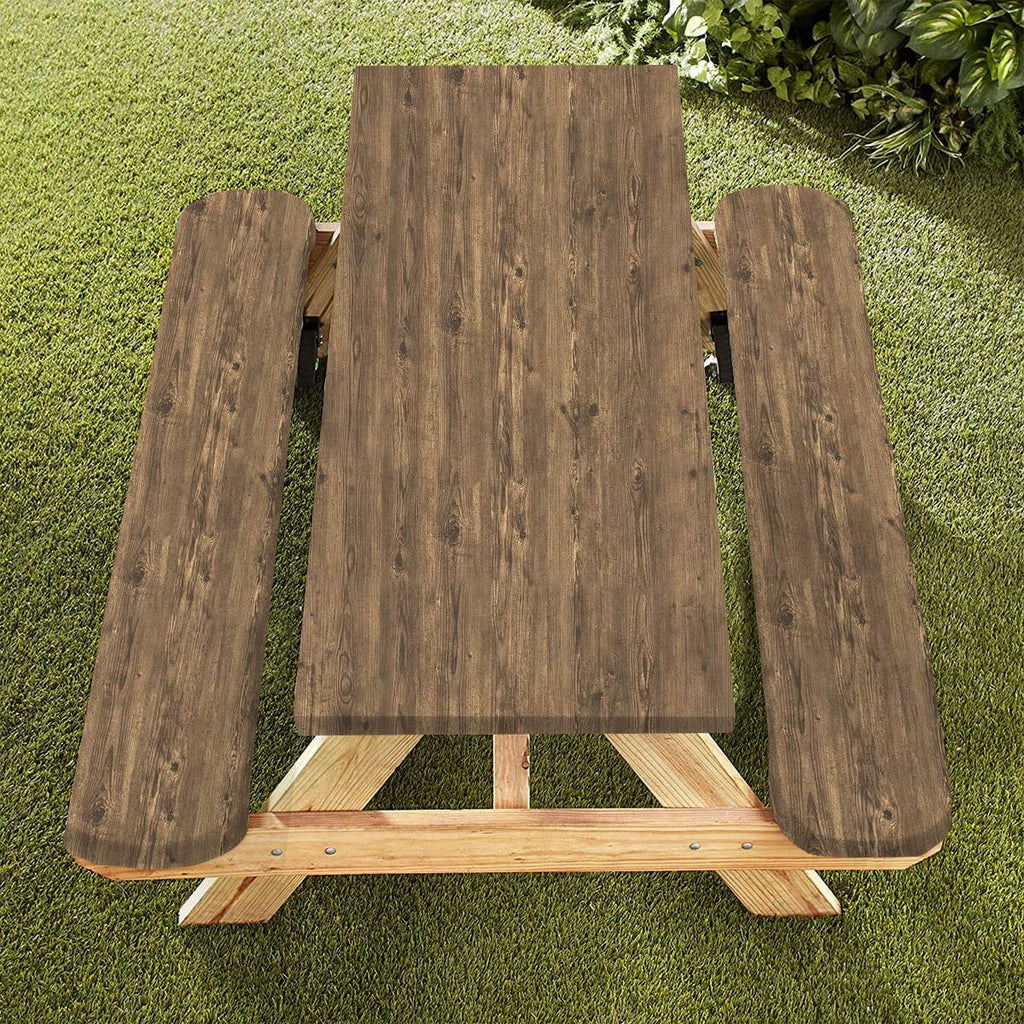 Famibay 3 Piece Picnic Table Cover And Bench Covers Waterproof Polyester Camping Table Cover With Elastic Washable Fitted Picnic Table Cover For Rectangle Tables(Wood Grain,12' X72'+30' X72')