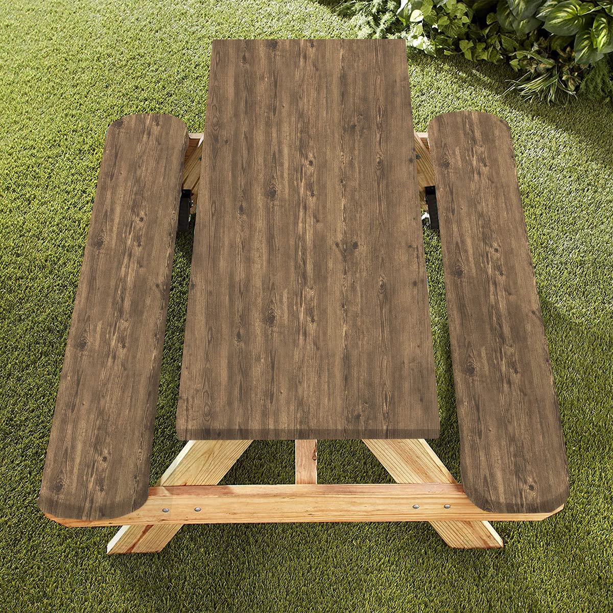 Famibay 3 Piece Picnic Table Cover And Bench Covers Waterproof Polyester Camping Table Cover With Elastic Washable Fitted Picnic Table Cover For Rectangle Tables(Wood Grain,12' X72'+30' X72')