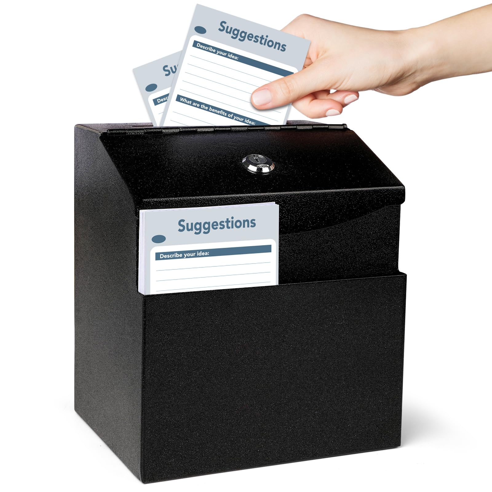 Linsiron Suggestion Box With Lock & 50 Free Suggestion Cards, Metal Donation Box, Black Wall Mounted Ballot Boxes, Voting And Co