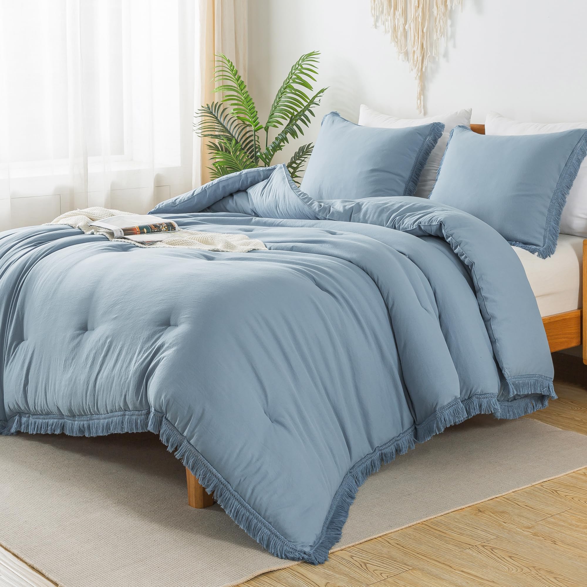 Andency Grayish Blue Comforter Set King Size, 3 Pieces Boho Tassel Lightweight Bedding Comforter Sets, All Season Soft Fluffy Fr