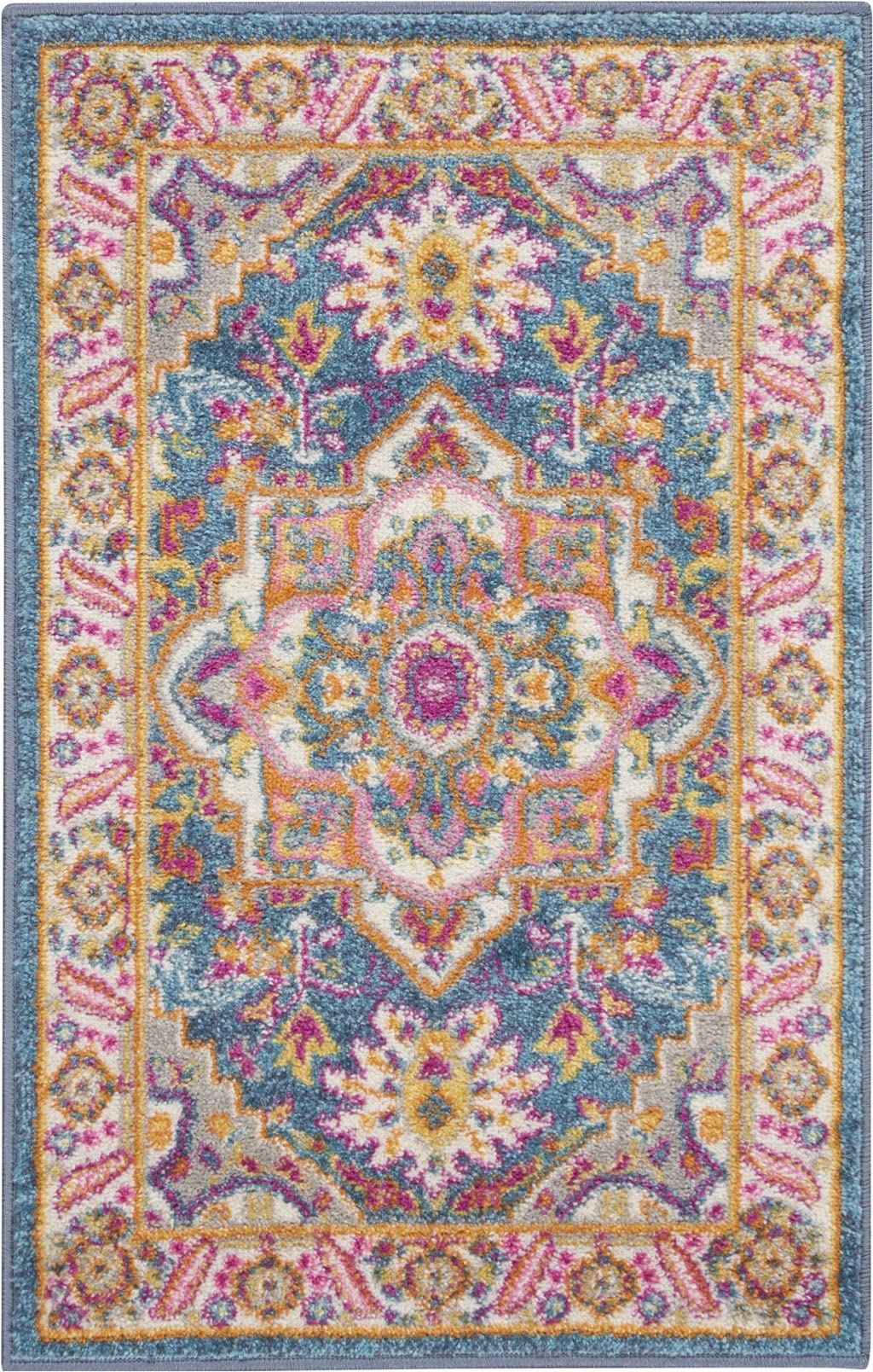 HomeRoots Teal Multicolor 100% Polypropylene 2’ x 3’ Teal and Pink Medallion Scatter Rug