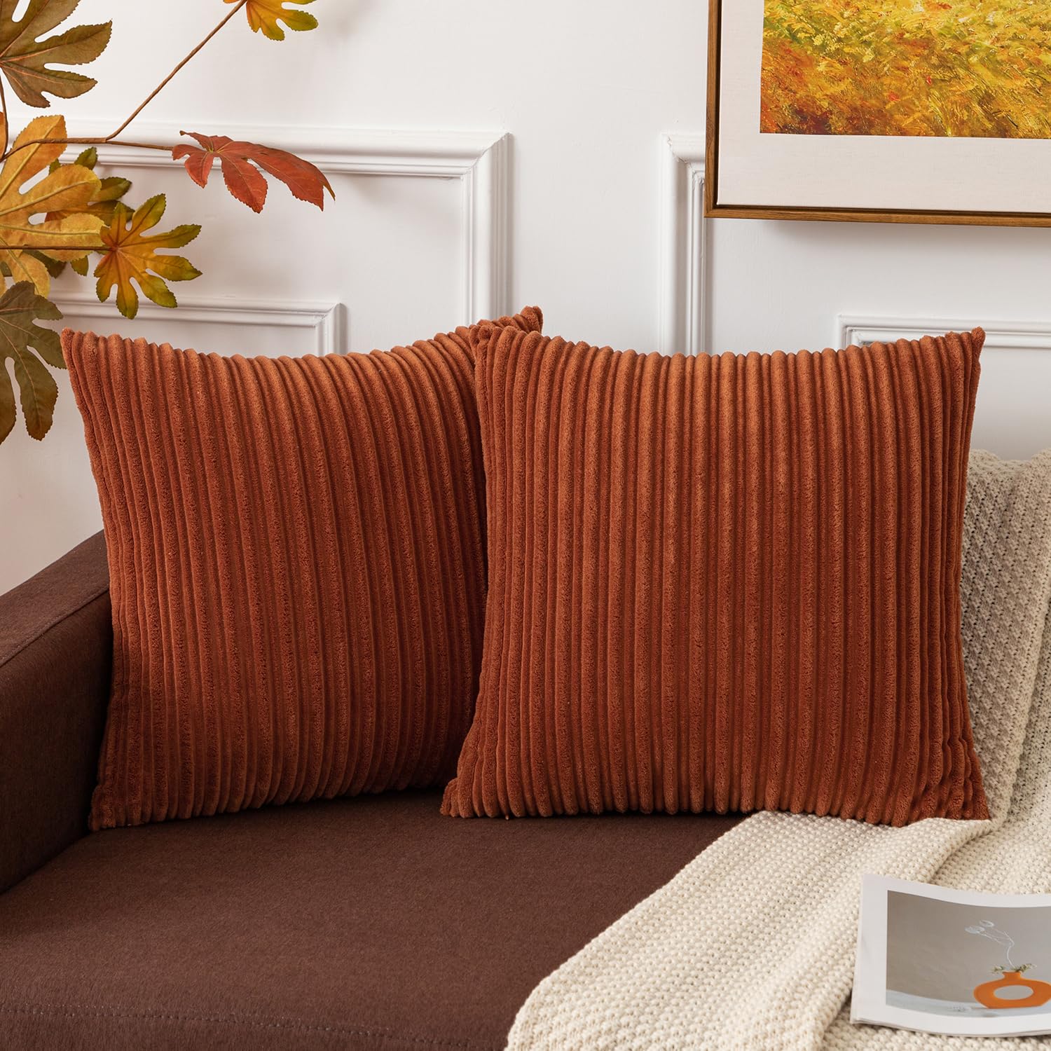 Kevin Textile Pack Of 2 Corduroy Soft Soild Decorative Square Throw Pillow Covers Set Cushion Cases Pillowcases For Sofa Bedroom Car 24 X 24 Inch 61 X 61 Cm Rust