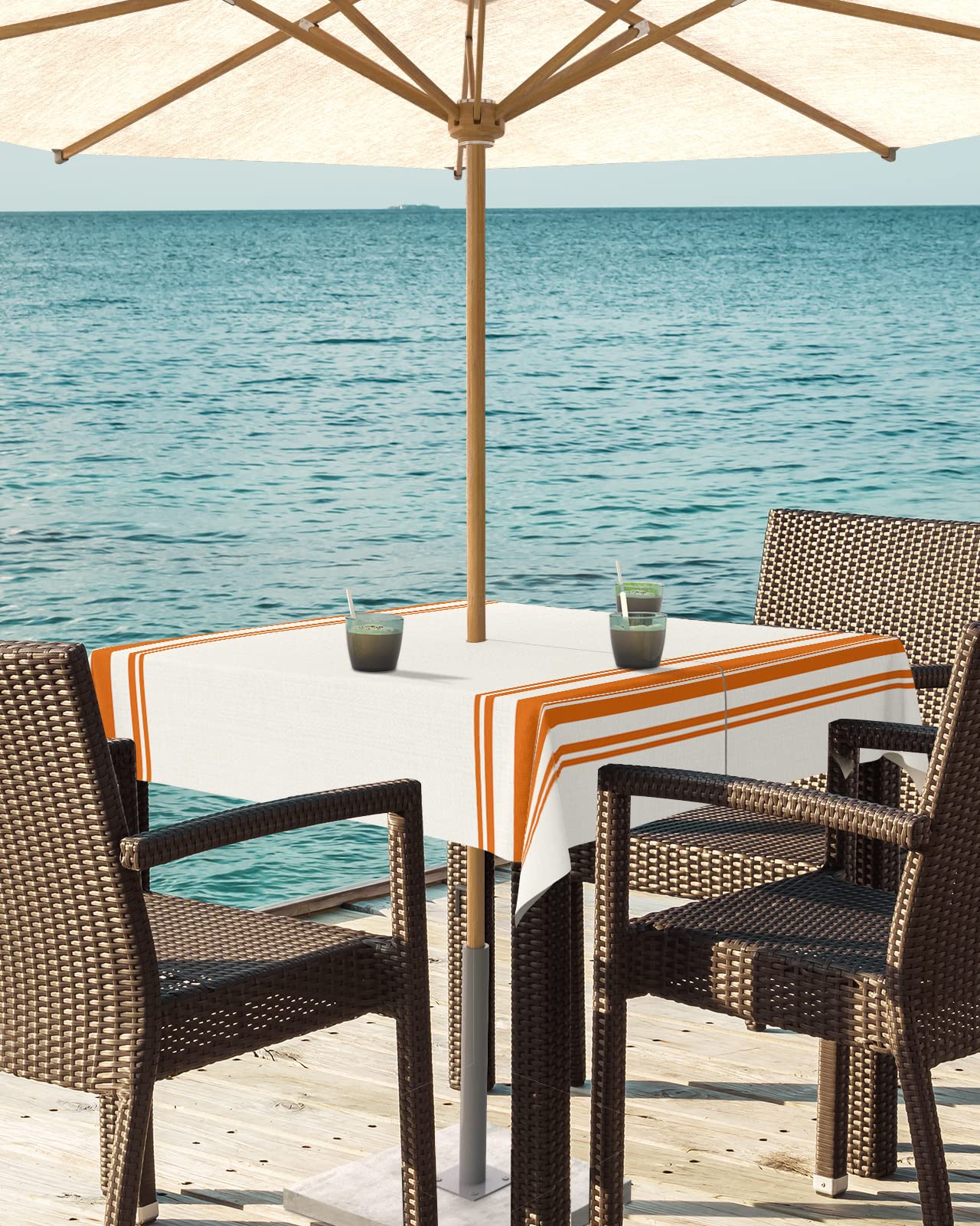 Queenker Fall Outdoor Tablecloth With Umbrella Hole, Farmhouse Orange Stripe Square Tables Zippered Table Cloth Waterproof Table