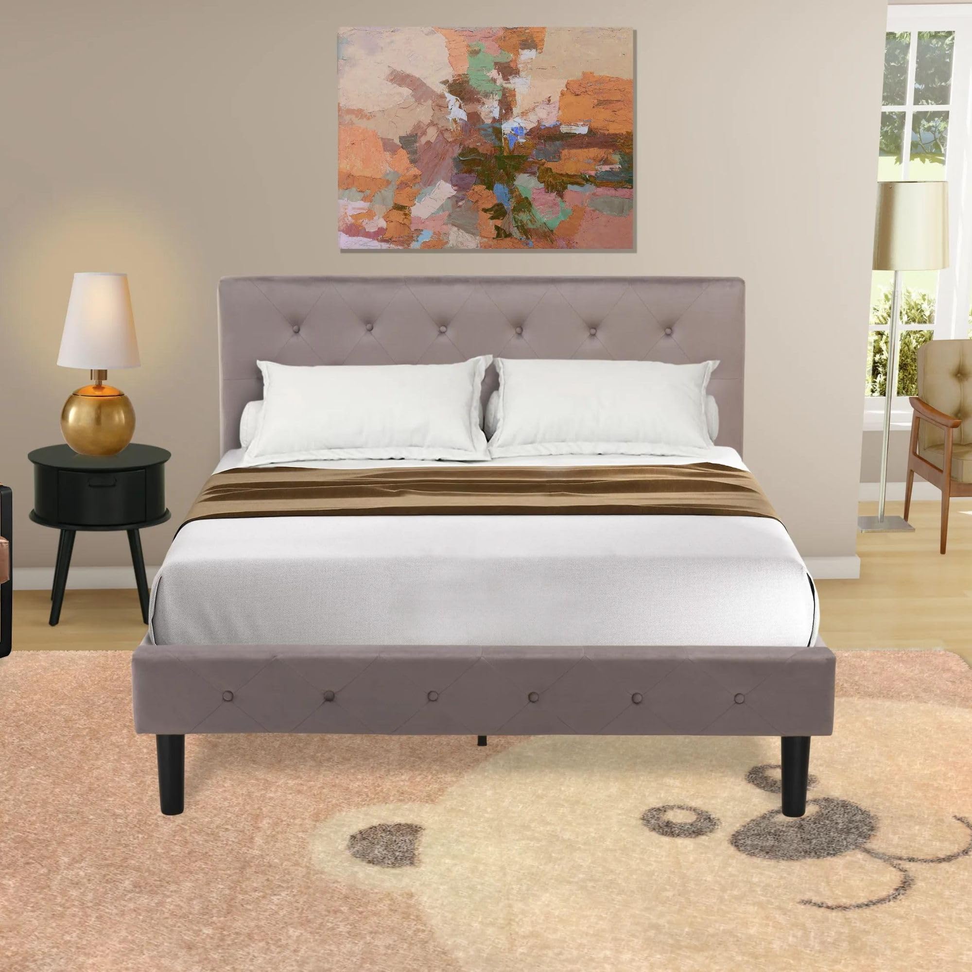 East West Furniture NL14F-1GO11 2 Piece Bedroom Set - Button Tufted Platform Bed Frame - Brown Taupe Velvet Fabric Upholstered Headboard and a Black Finish Nightstand
