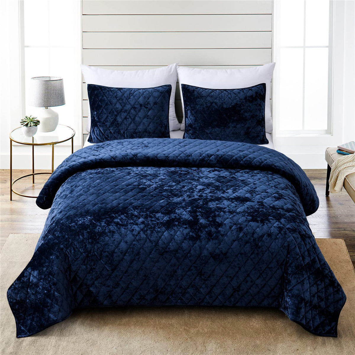 Fredsure Distressed Velvet Quilt Set, 3 Pieces Navy Queen, Distressed Velvet Face And Brushed Microfiber Reverse With Diamond Qu