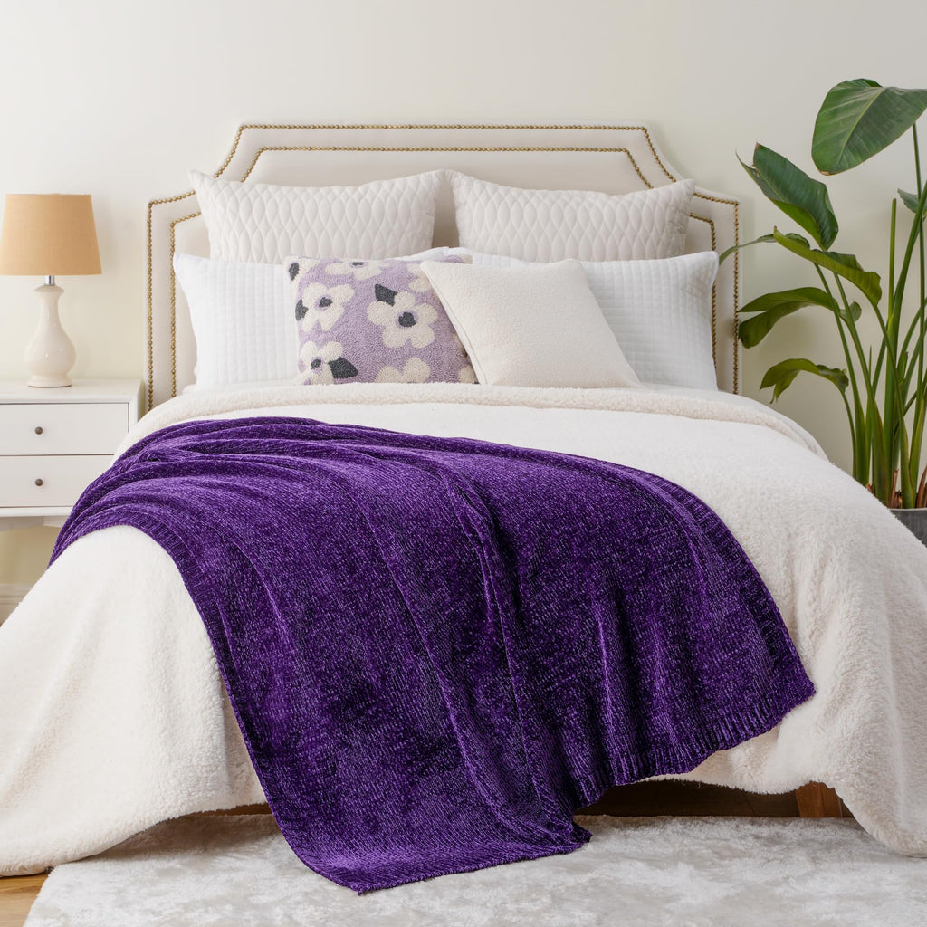 Battilo Home Chenille Knitted Throw Blanket For Couch, Decorative Cozy Dark Purple Throw Blanket For Bed Sofa Outdoor, Super Sof